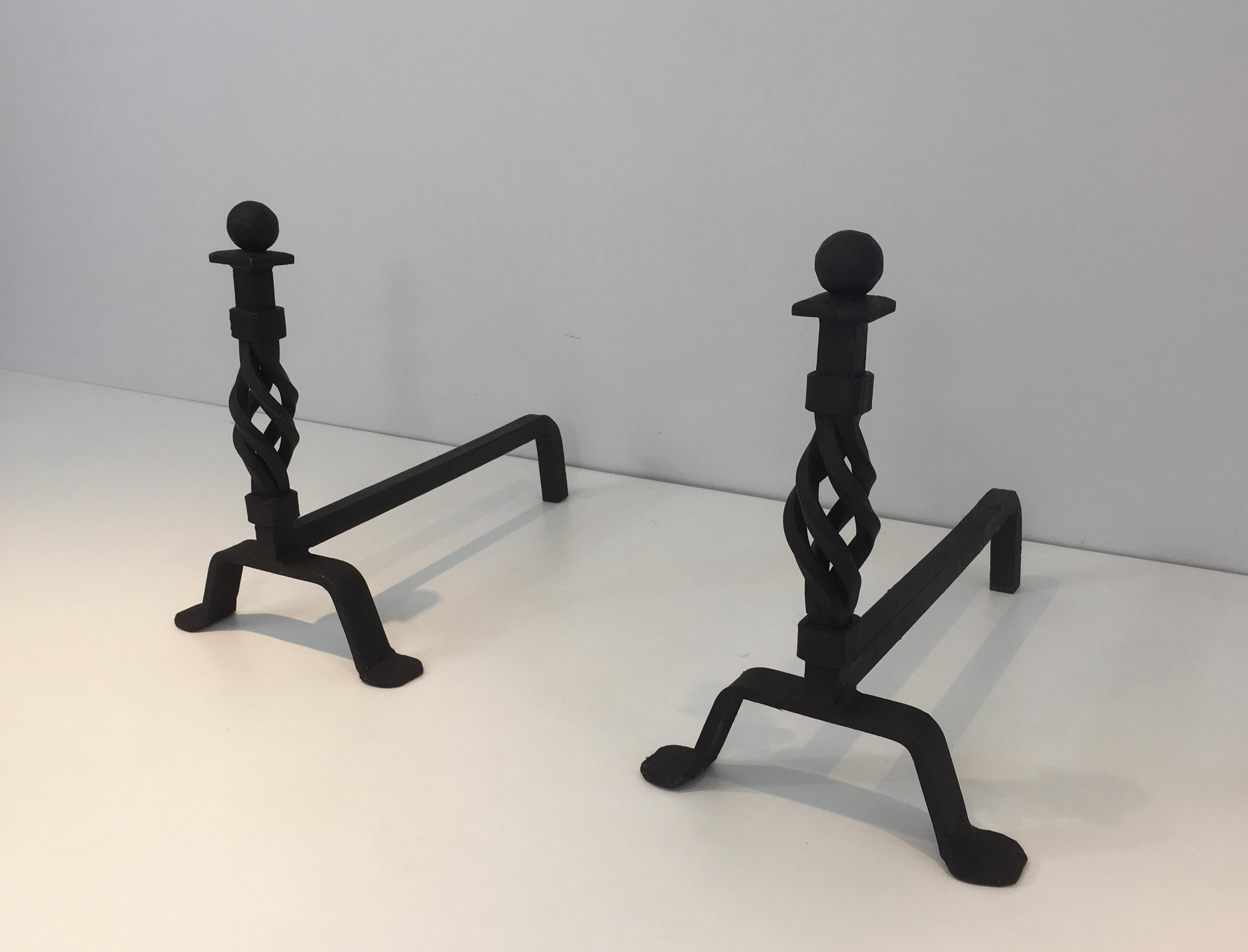 Pair of Twisted Wrought Iron Andirons, French, circa 1940  For Sale 7