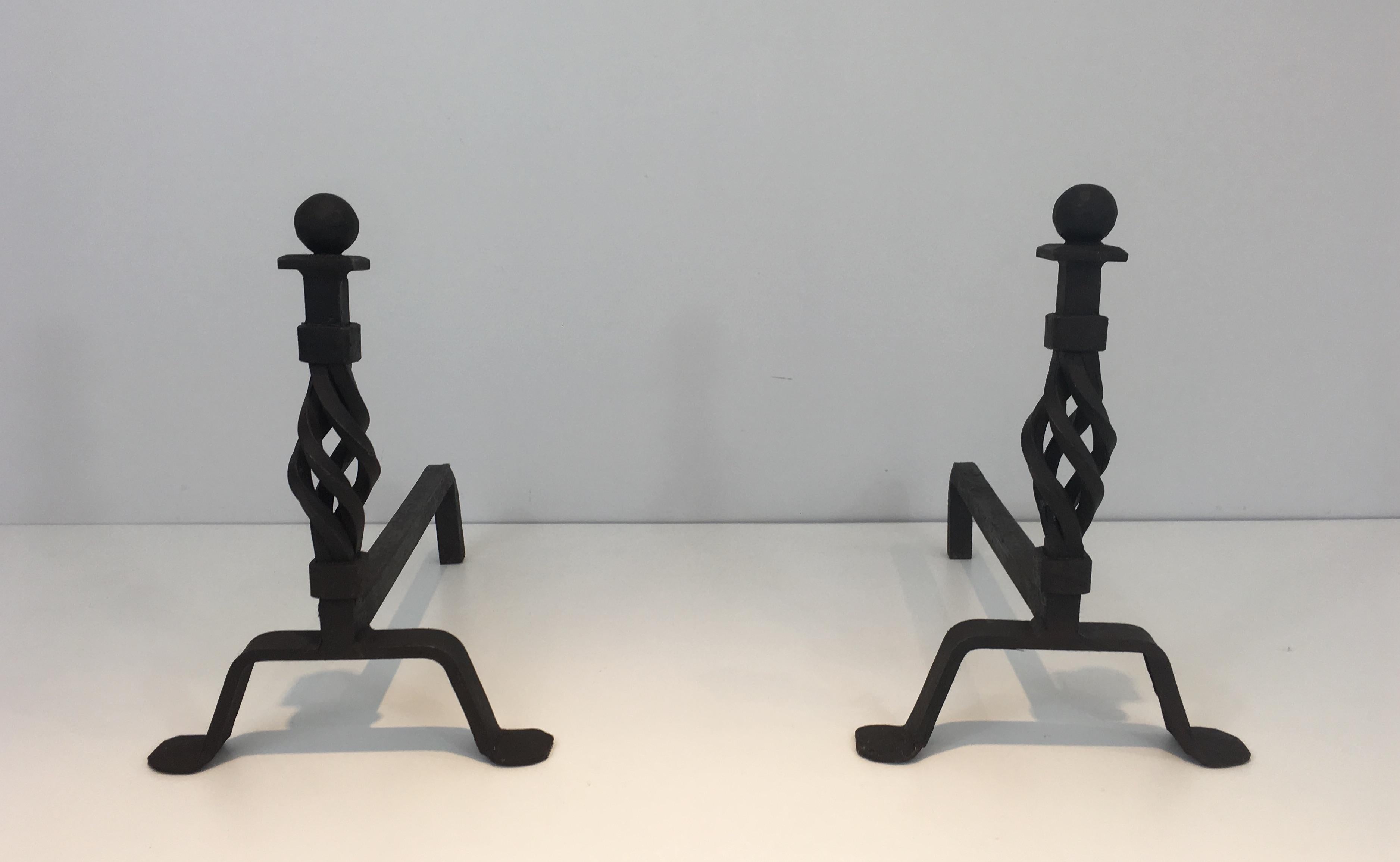 Pair of Twisted Wrought Iron Andirons, French, circa 1940  For Sale 8