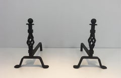 Pair of Twisted Wrought Iron Andirons, French, circa 1940