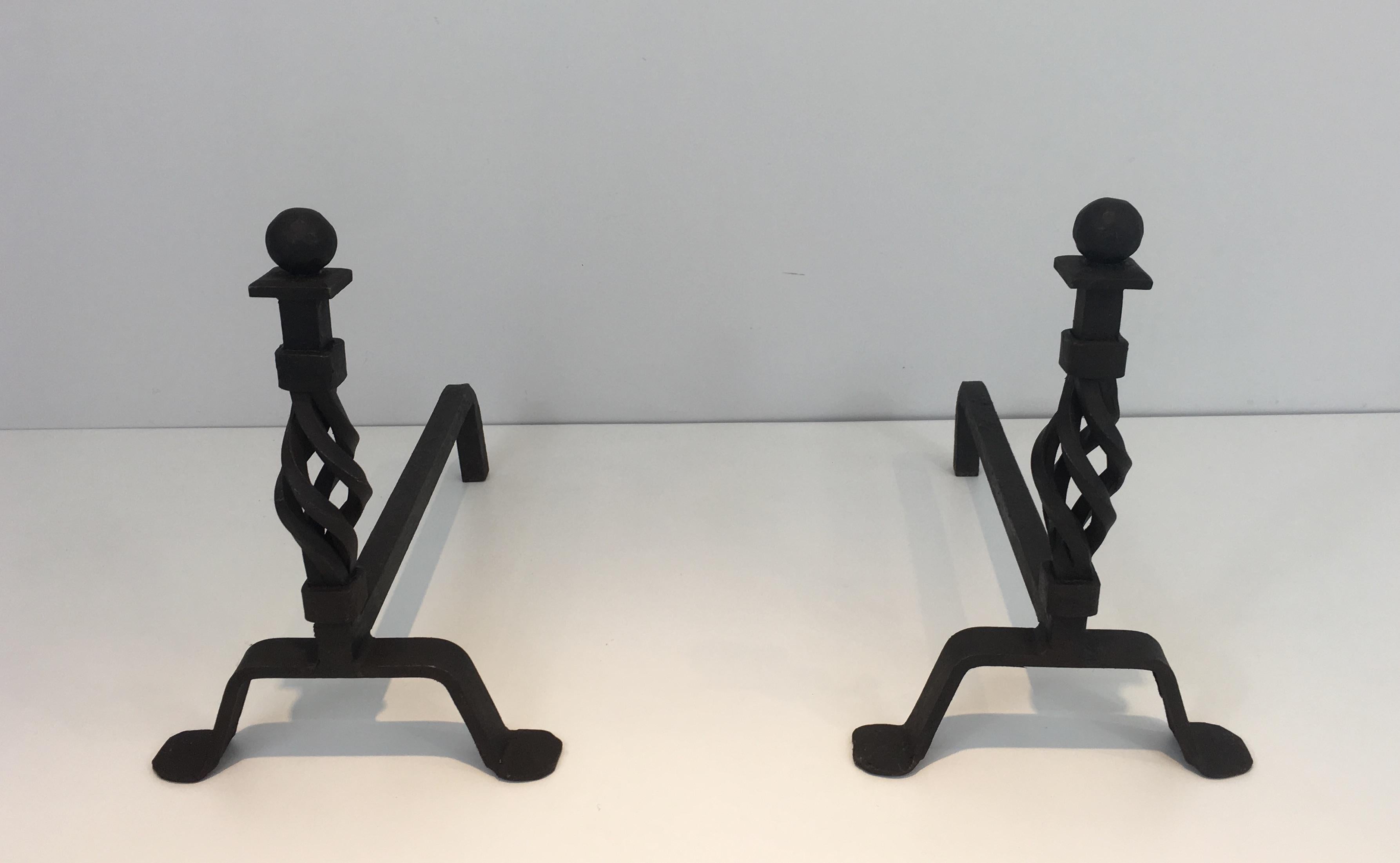 Mid-Century Modern Pair of Twisted Wrought Iron Andirons, French, circa 1940  For Sale