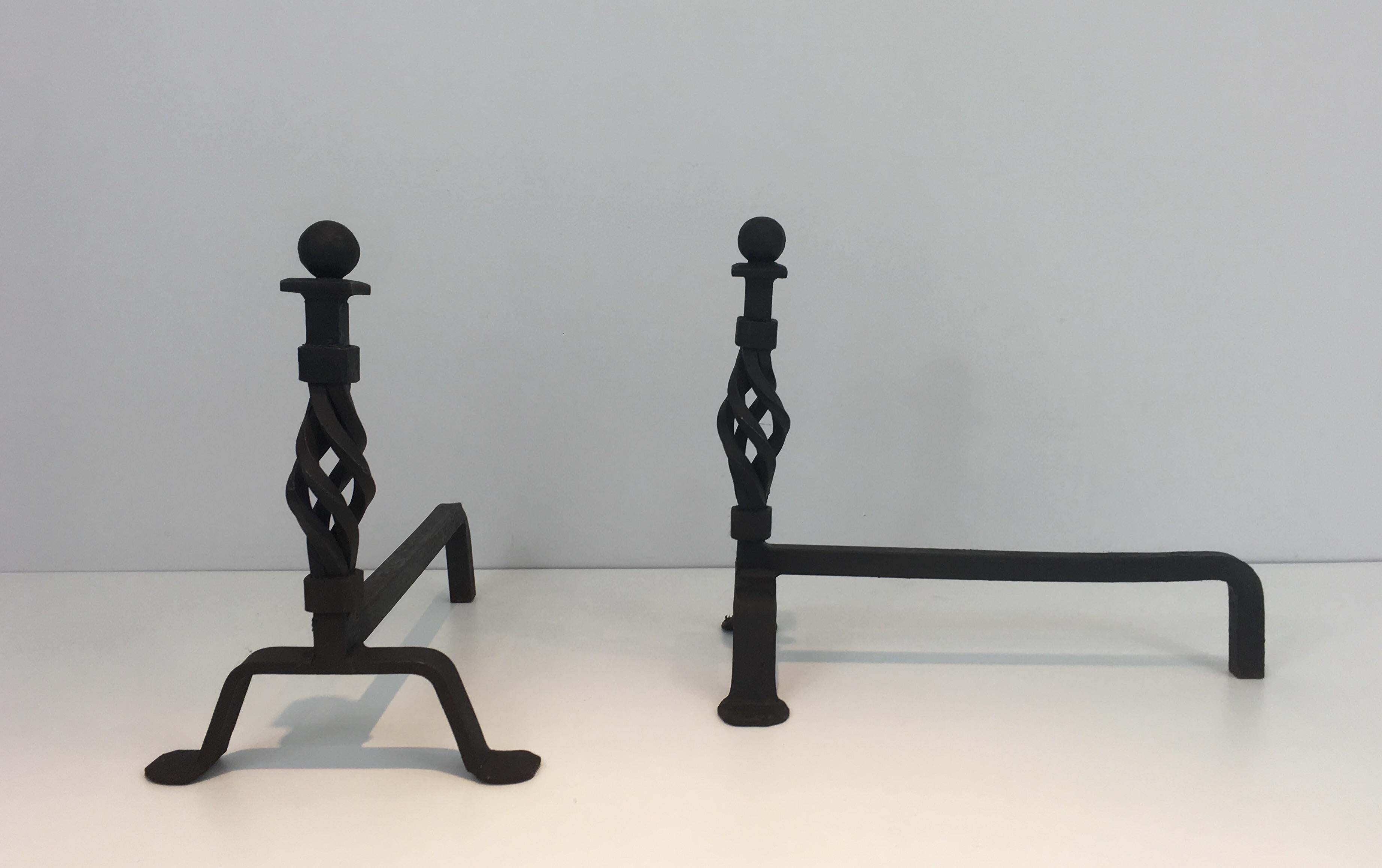 Mid-20th Century Pair of Twisted Wrought Iron Andirons, French, circa 1940  For Sale
