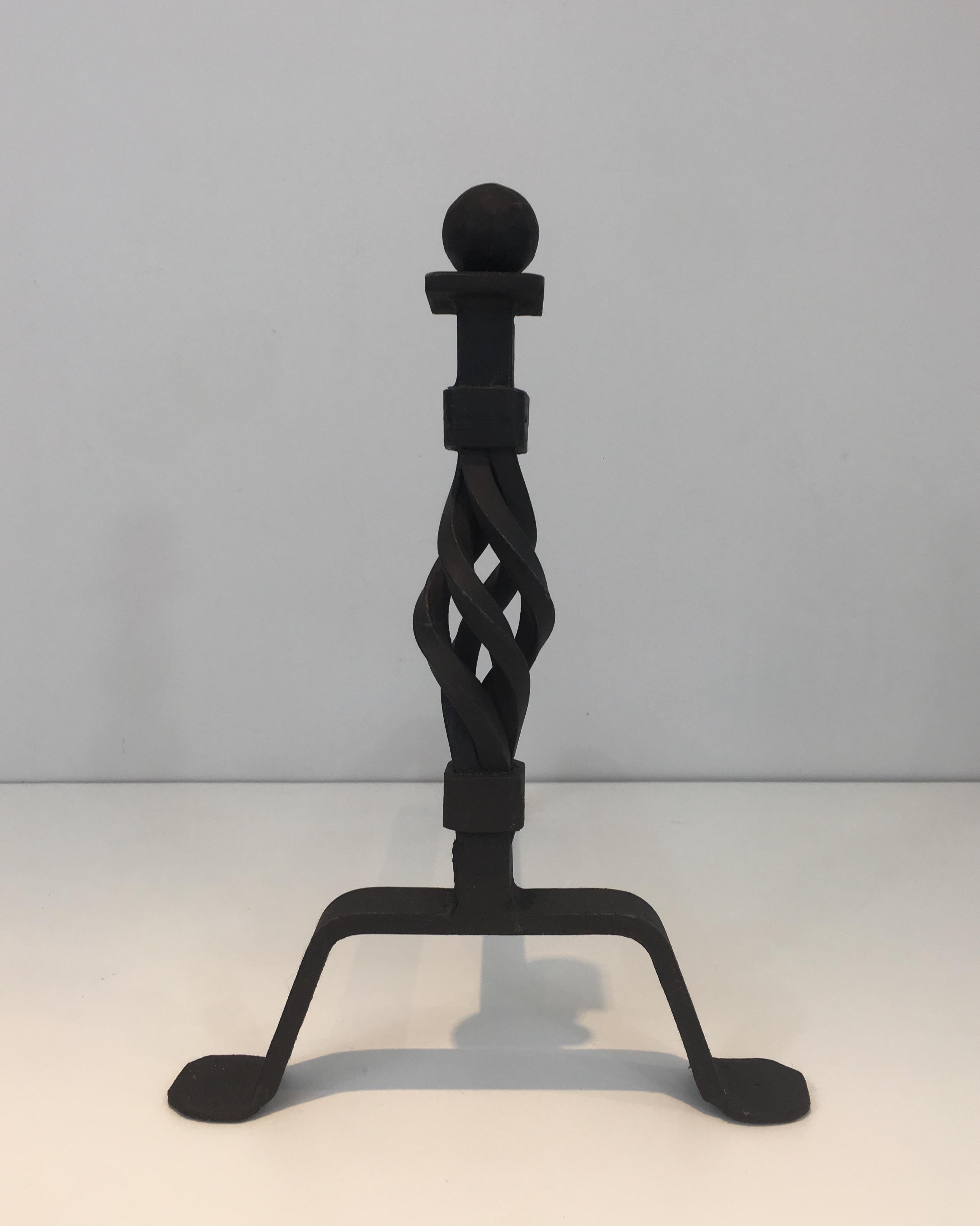 Pair of Twisted Wrought Iron Andirons, French, circa 1940 For Sale 2