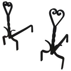 Pair of Twisted Wrought Iron Andirons, French, circa 1940