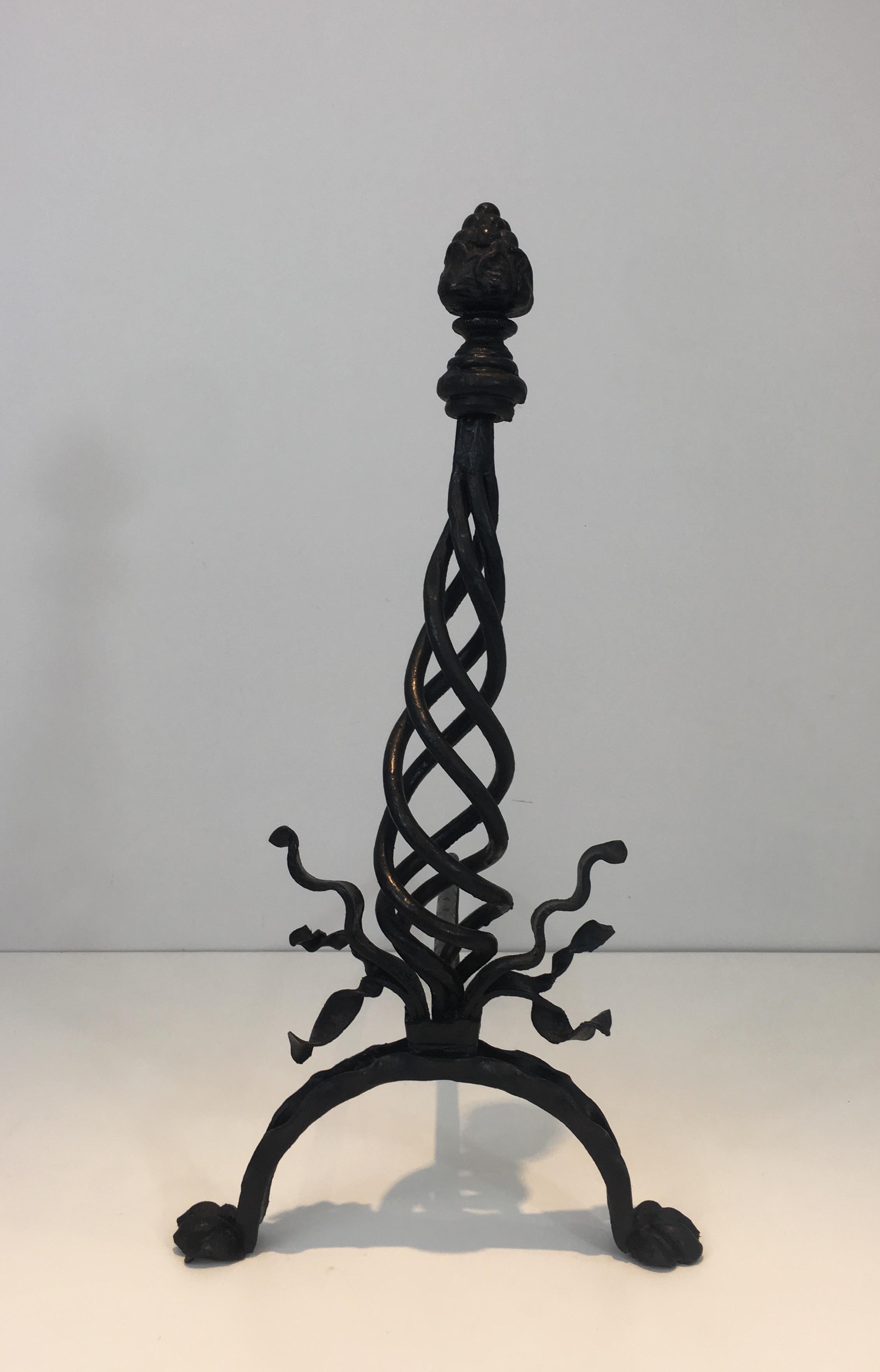 Pair of Twisted Wrought Iron Andirons with Finials, French, circa 1920 For Sale 6
