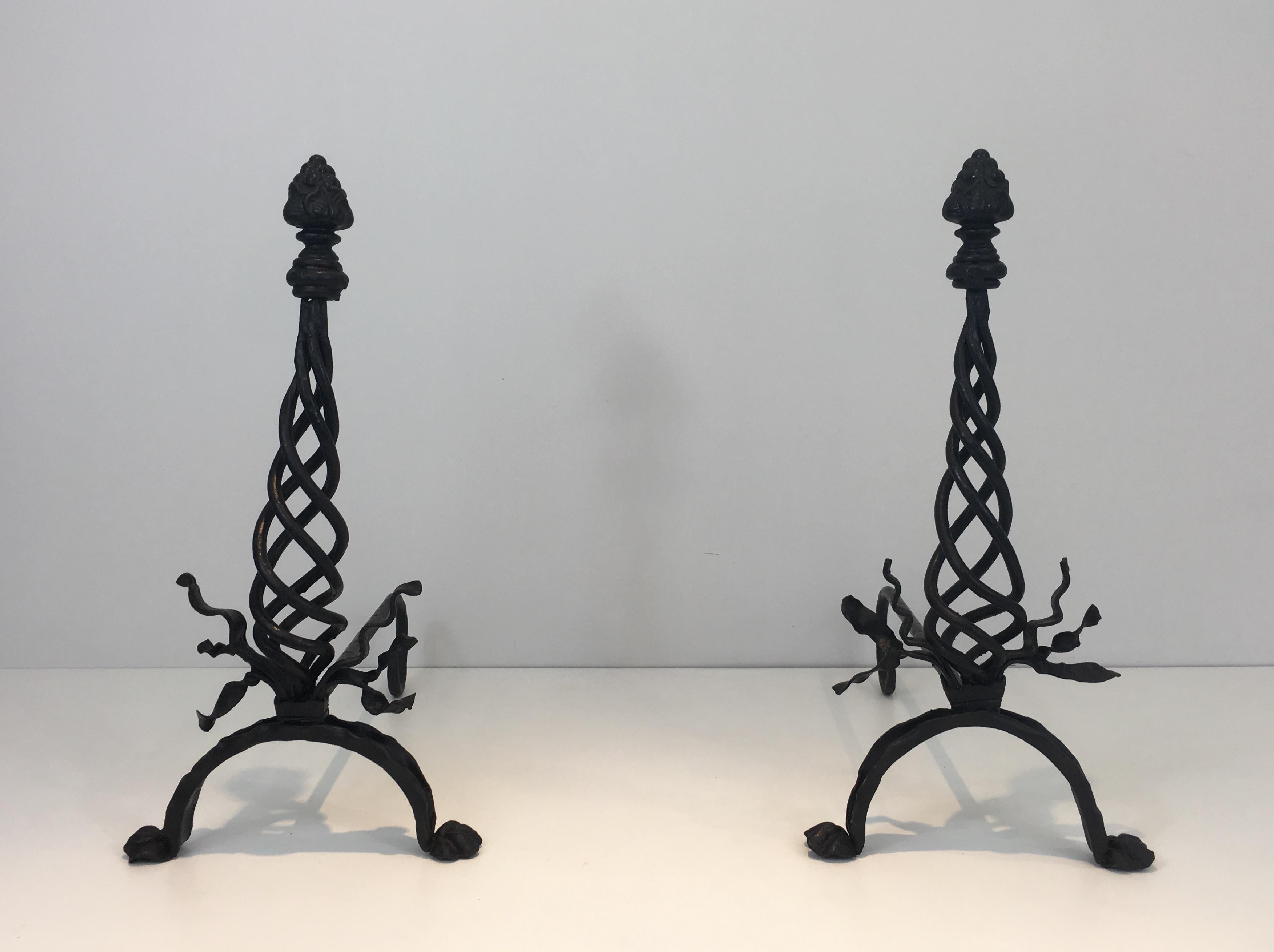 Pair of Twisted Wrought Iron Andirons with Finials, French, circa 1920 For Sale 7