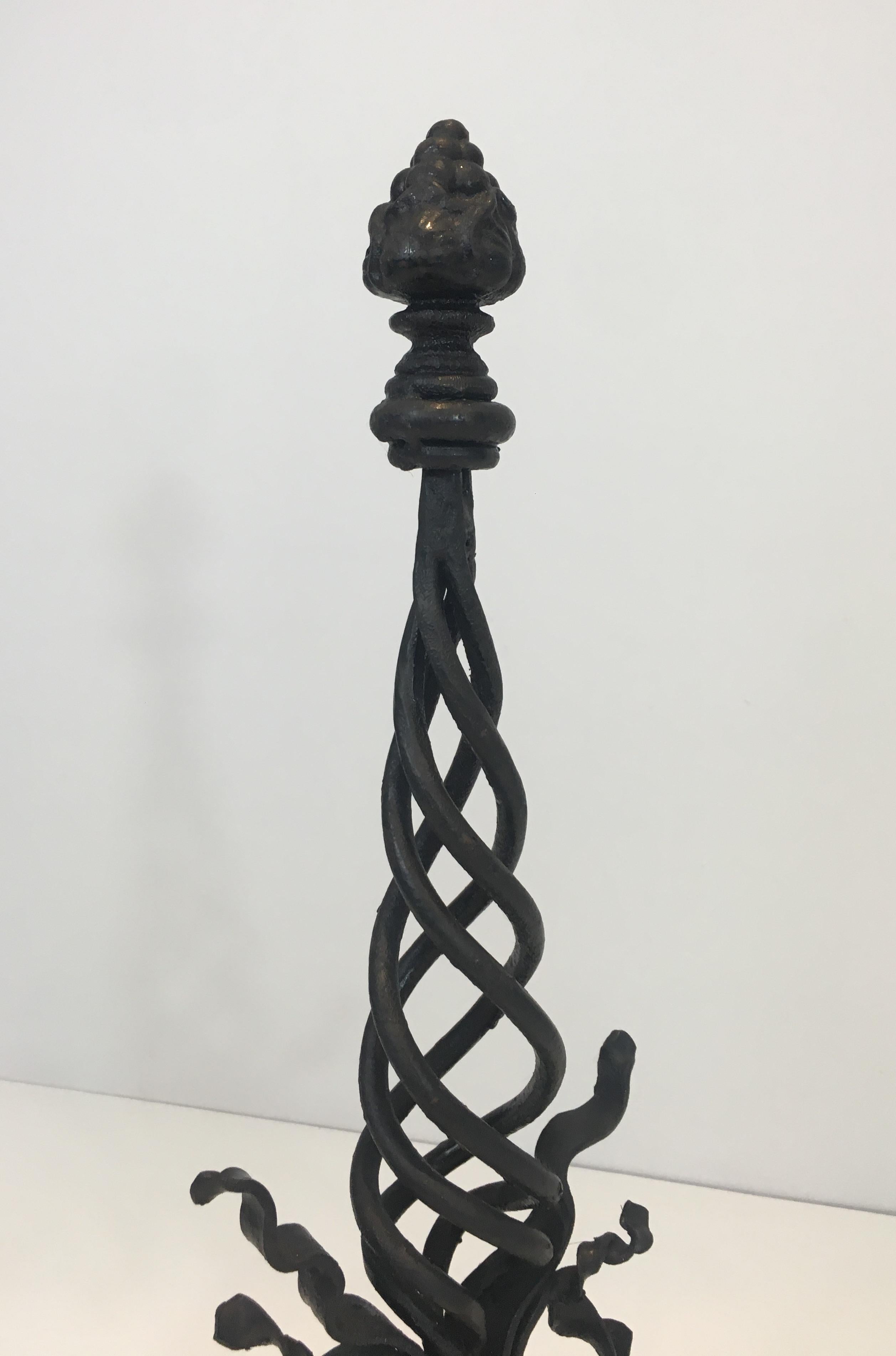 Pair of Twisted Wrought Iron Andirons with Finials, French, circa 1920 For Sale 8