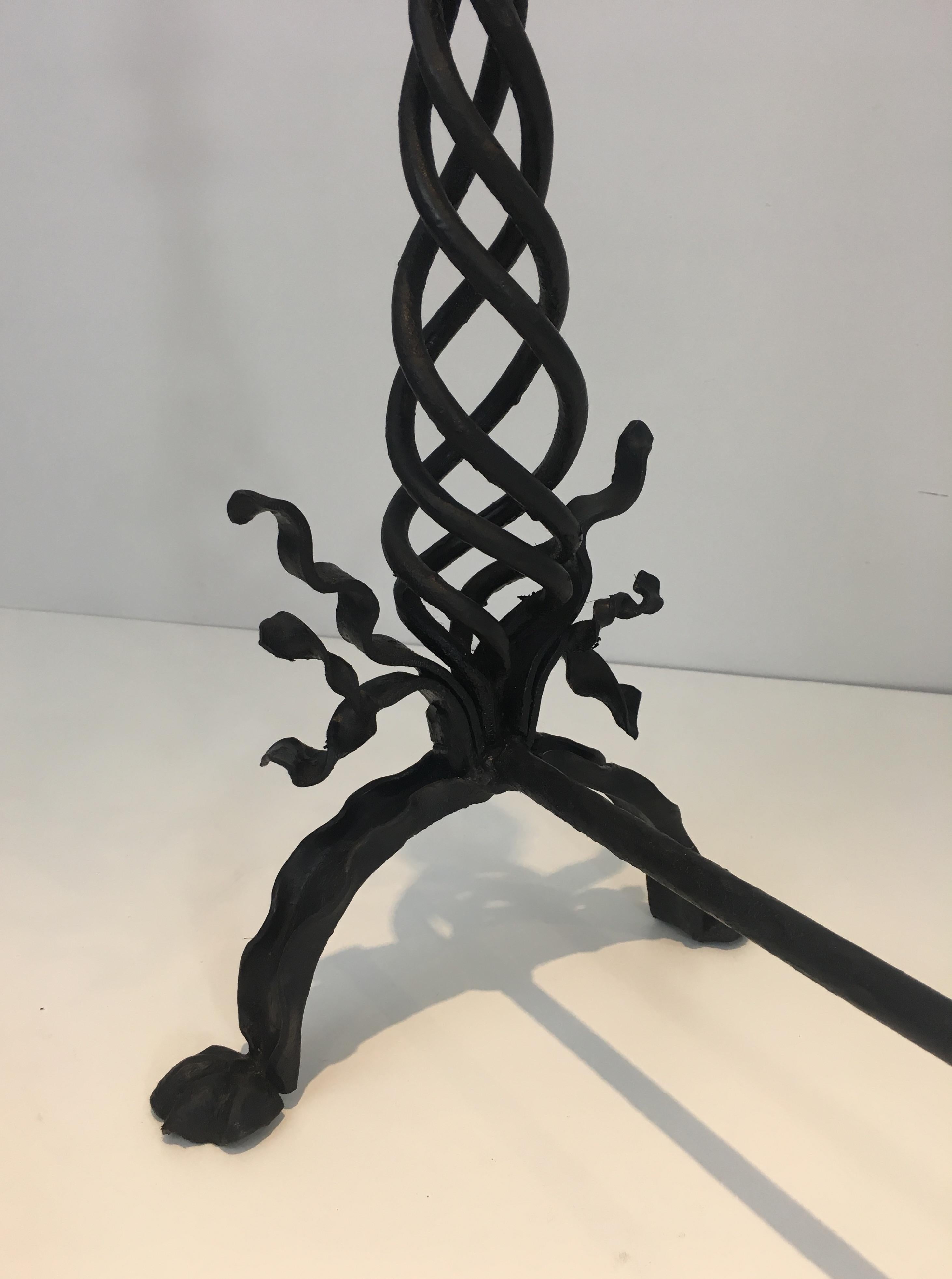 Pair of Twisted Wrought Iron Andirons with Finials, French, circa 1920 For Sale 10