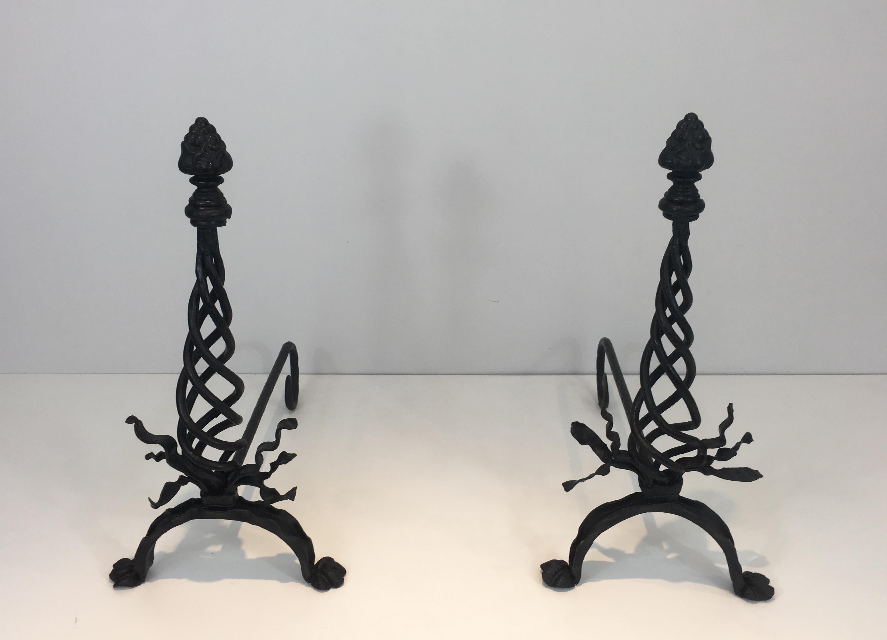 Pair of Twisted Wrought Iron Andirons with Finials, French, circa 1920 For Sale 12
