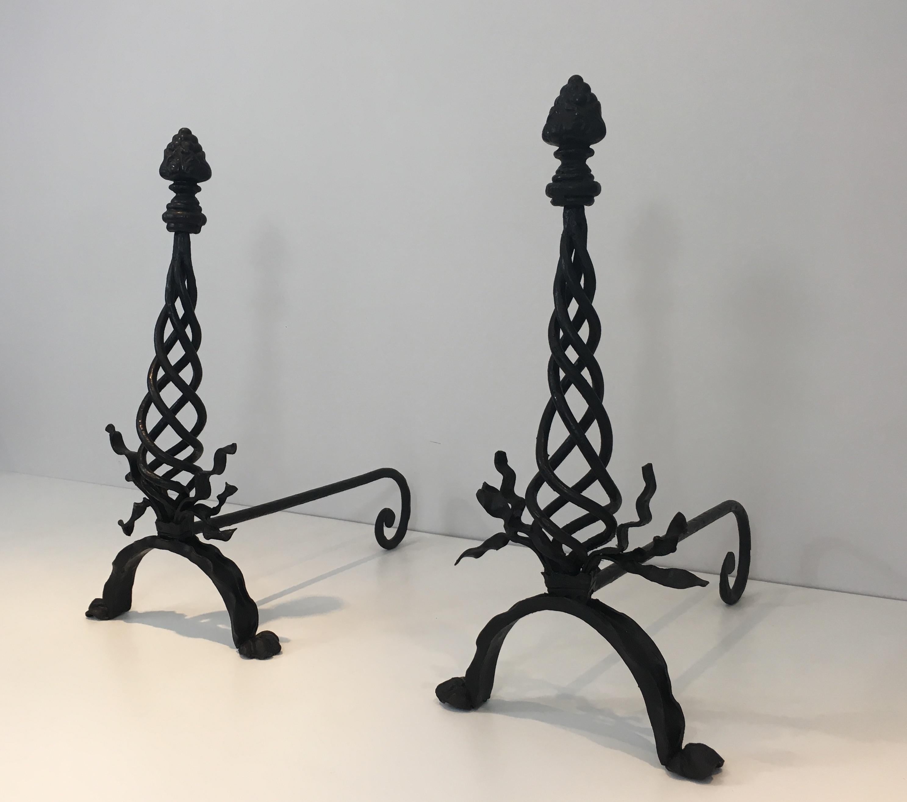 Pair of Twisted Wrought Iron Andirons with Finials, French, circa 1920 For Sale 13
