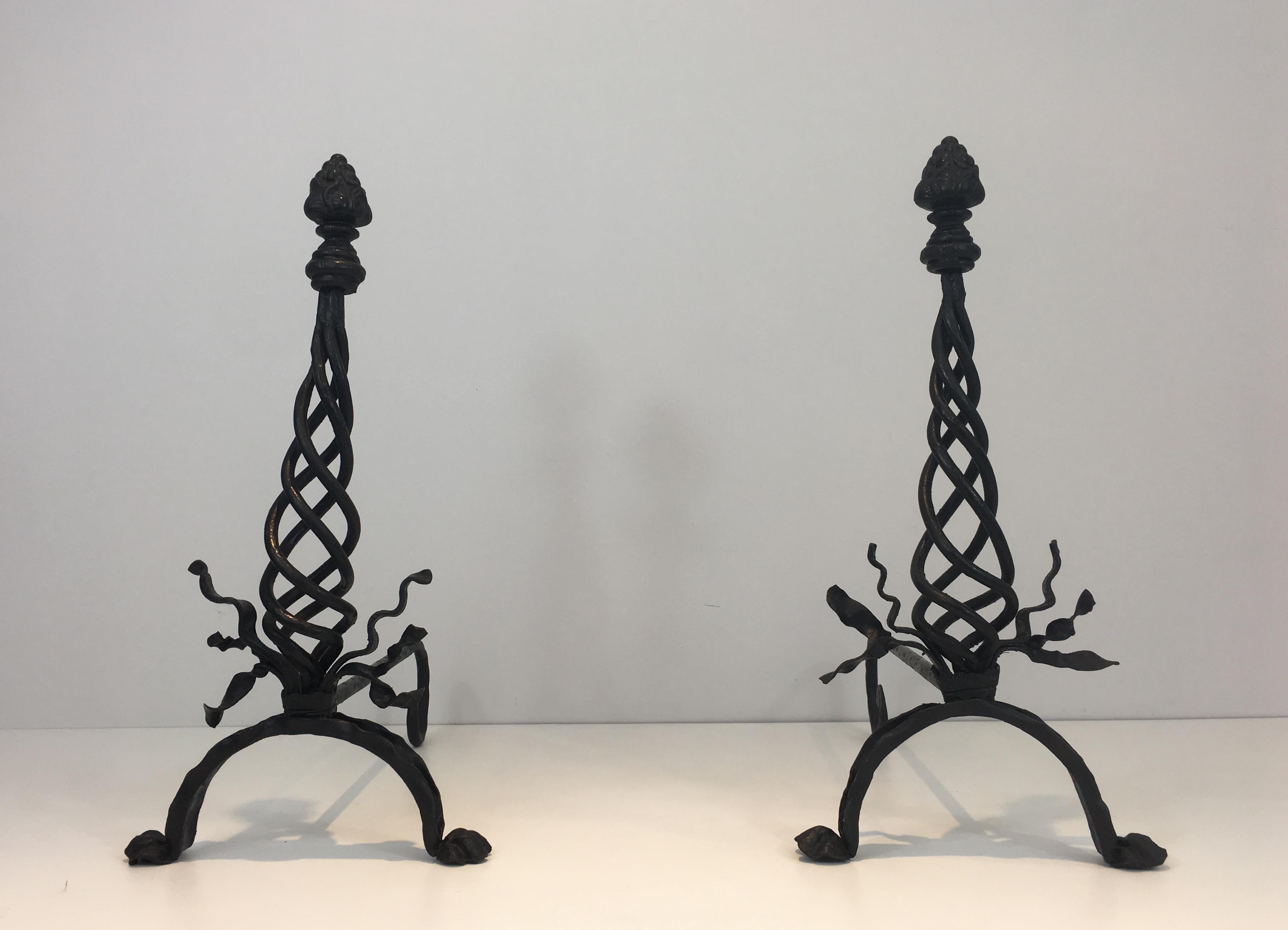 Pair of Twisted Wrought Iron Andirons with Finials, French, circa 1920 For Sale 14