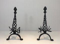 Pair of Twisted Wrought Iron Andirons with Finials, French, circa 1920