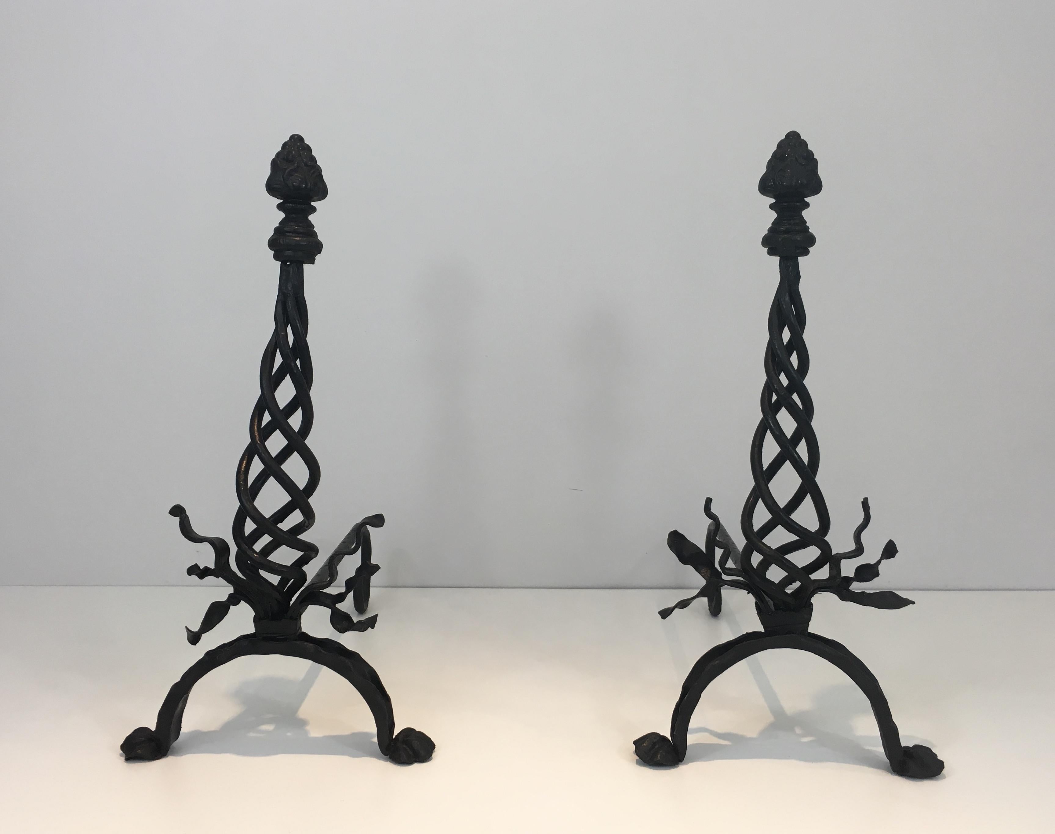 Louis XVI Pair of Twisted Wrought Iron Andirons with Finials, French, circa 1920 For Sale