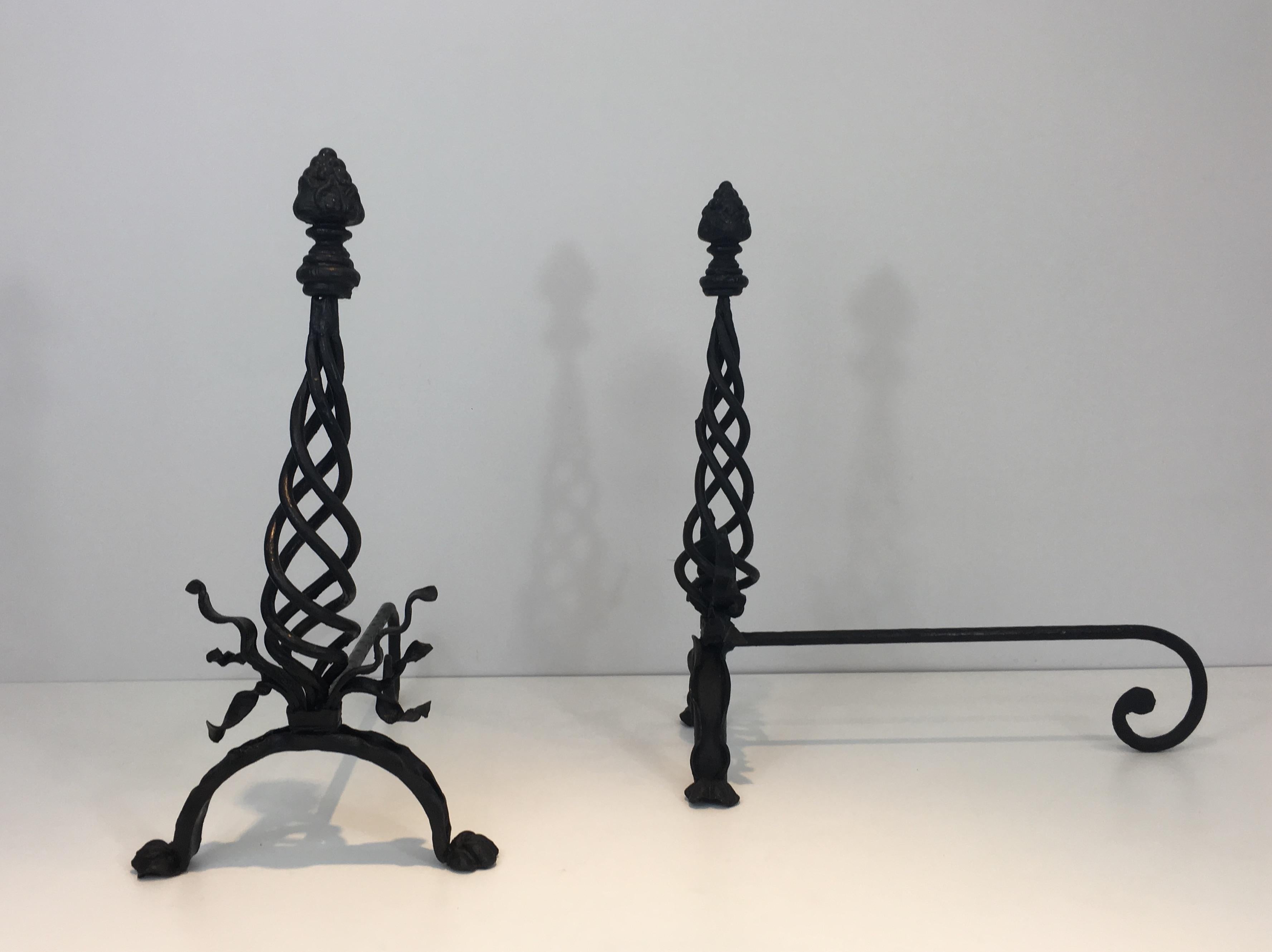 Early 20th Century Pair of Twisted Wrought Iron Andirons with Finials, French, circa 1920 For Sale