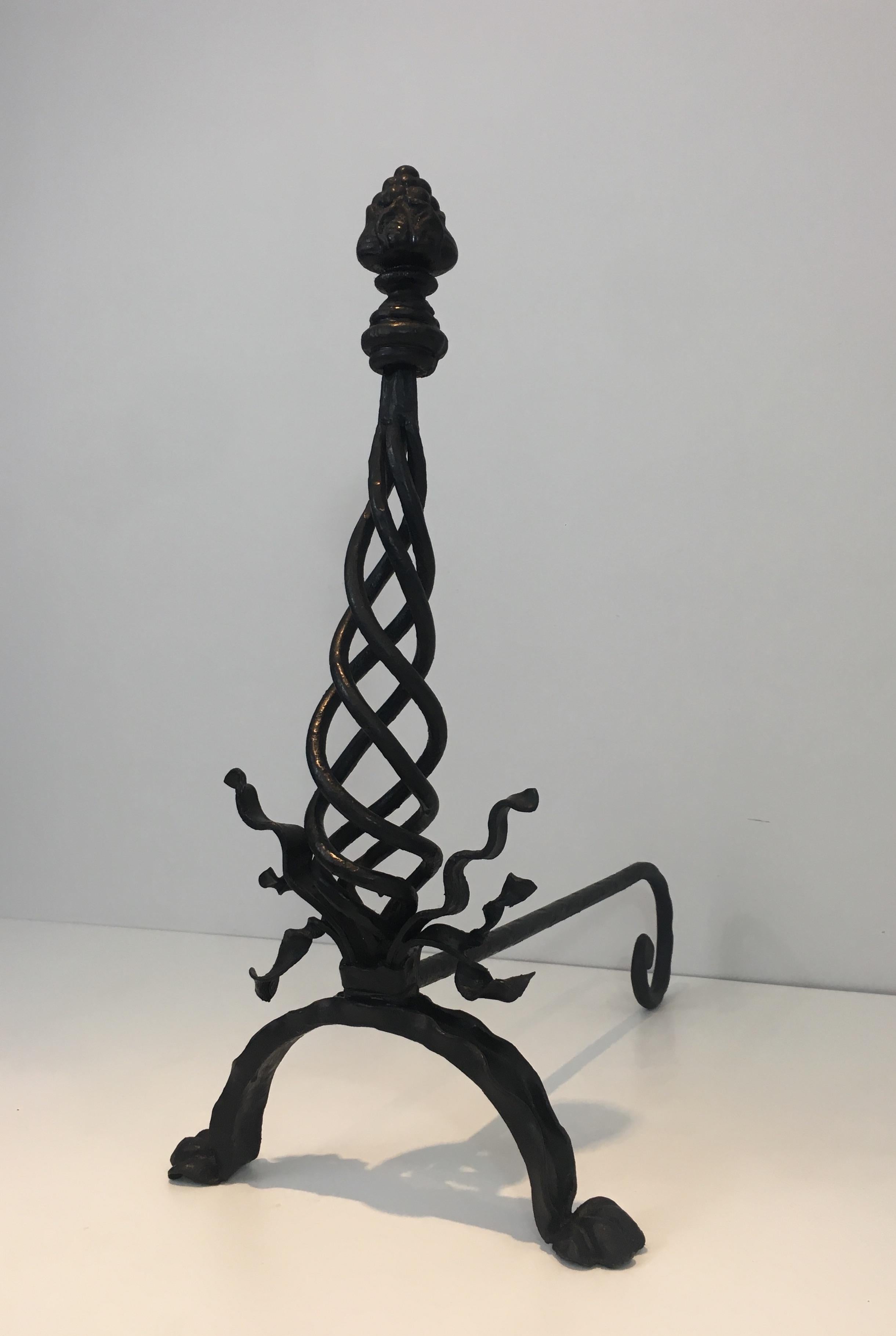 Pair of Twisted Wrought Iron Andirons with Finials, French, circa 1920 For Sale 1