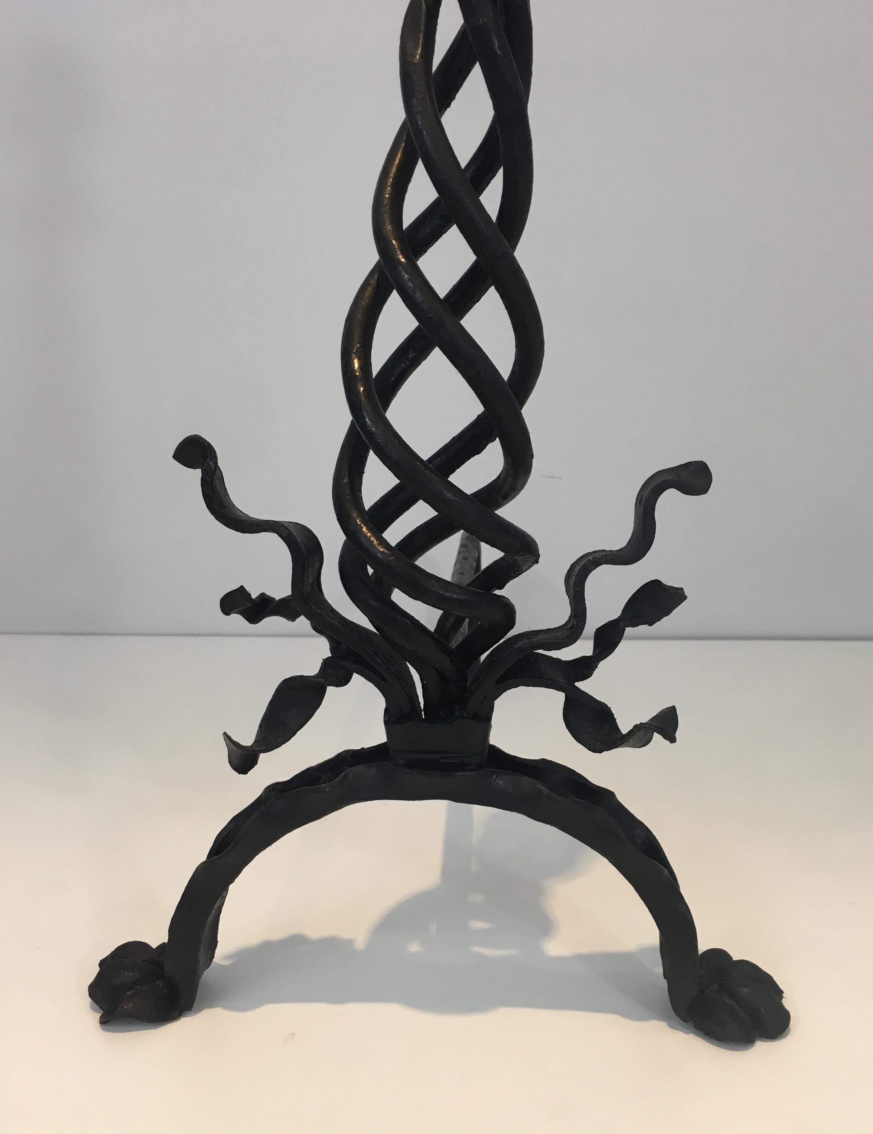 Pair of Twisted Wrought Iron Andirons with Finials, French, circa 1920 For Sale 3