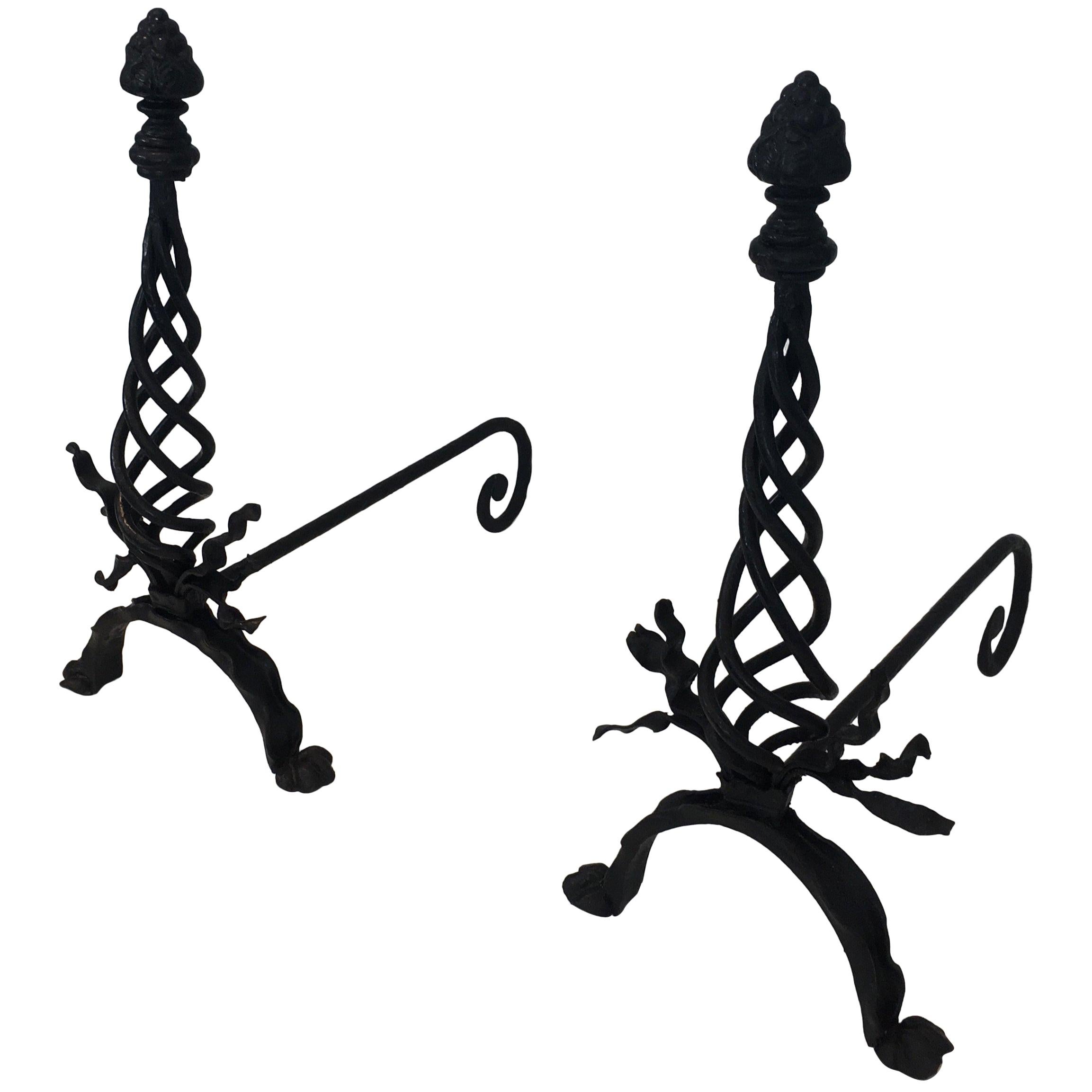 Pair of Twisted Wrought Iron Andirons with Finials, French, circa 1920 For Sale