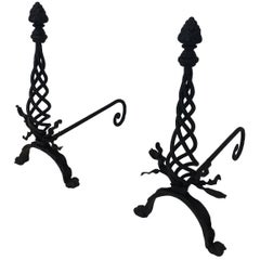 Antique Pair of Twisted Wrought Iron Andirons with Finials, French, circa 1920