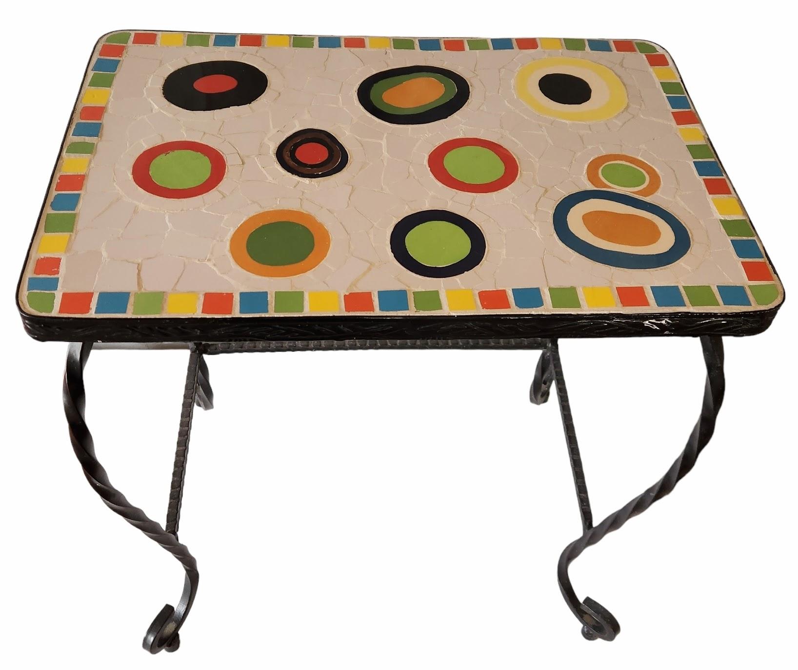 Pair of Twisted Wrought Iron Ceramic Mosaic Side Tables, Italy, 1960 For Sale 2