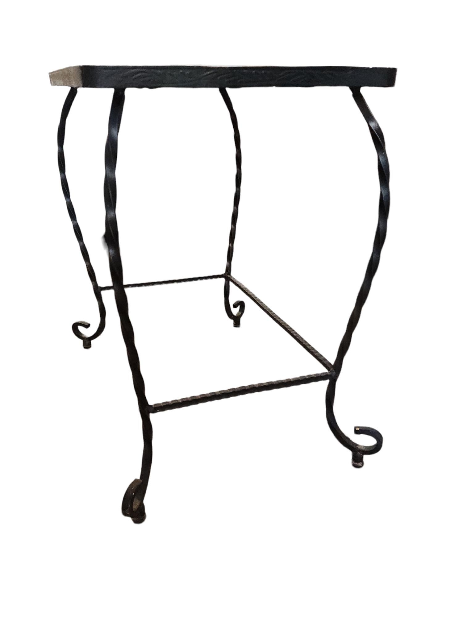 Italian Pair of Twisted Wrought Iron Ceramic Mosaic Side Tables, Italy, 1960 For Sale