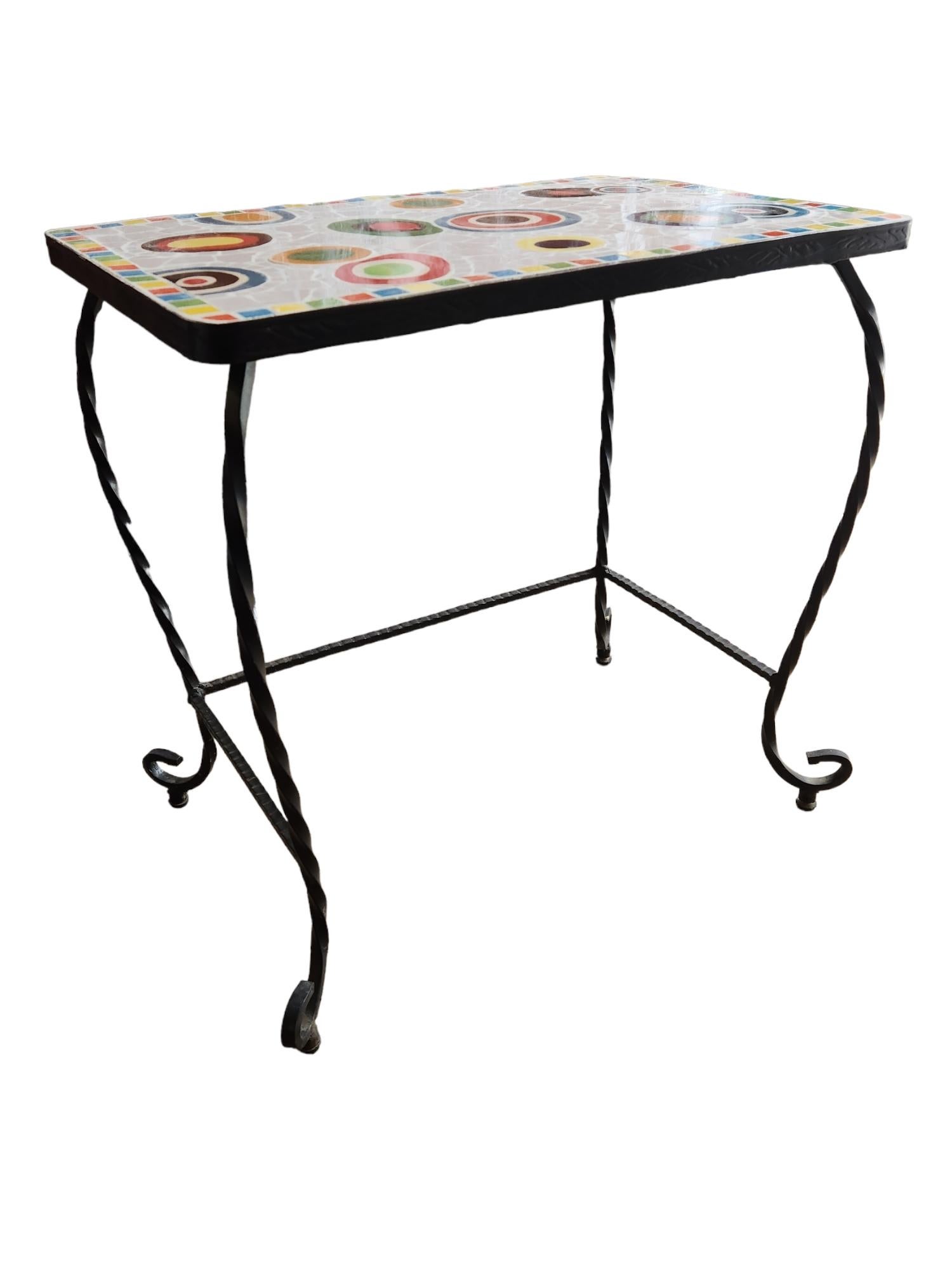 Pair of Twisted Wrought Iron Ceramic Mosaic Side Tables, Italy, 1960 In Good Condition For Sale In Camden, ME