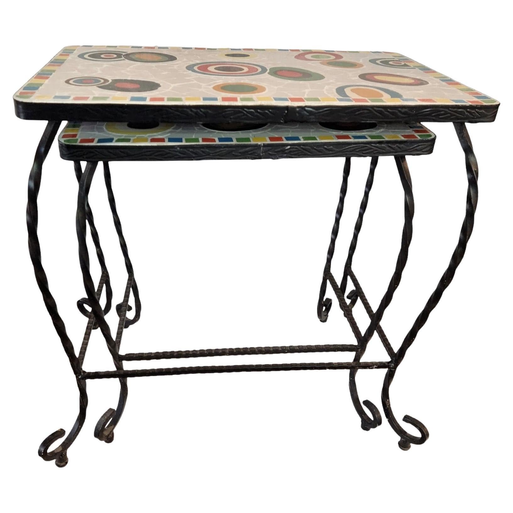 Pair of Twisted Wrought Iron Ceramic Mosaic Side Tables, Italy, 1960 For Sale