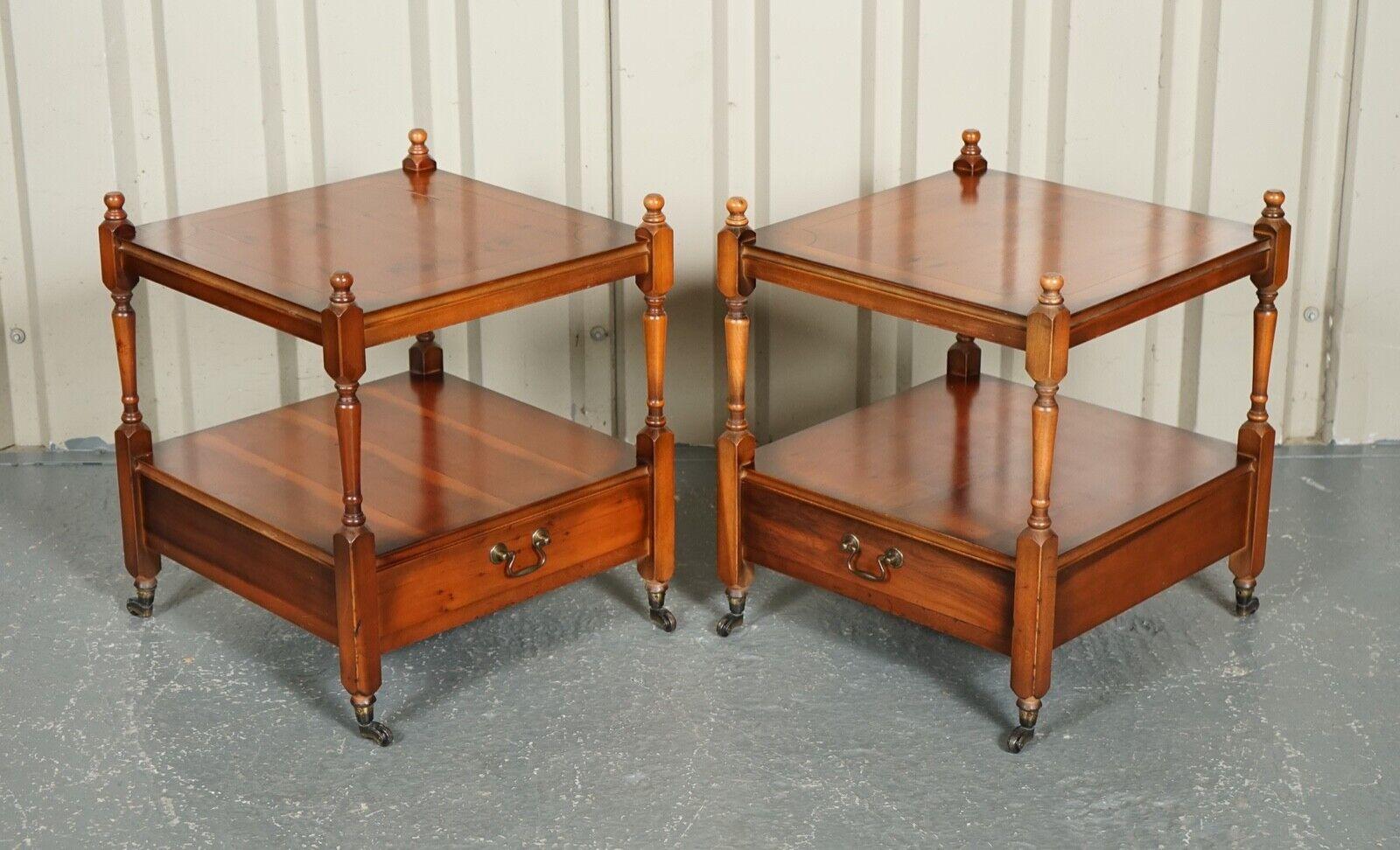 We are excited to present this Beautiful Vintage, Flamed Yew Wood Pair Of Nightstands and End Side Lamp Tables.

They are a very well-made and solid pair.

We have lightly restored this by giving it a hand clean, waxed and polishing from top to