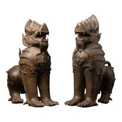 Pair of two antique bronze Temple Lions from Burma