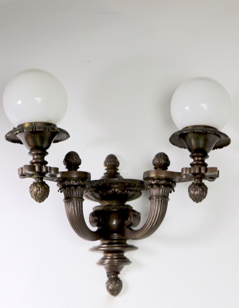 Brass Pair of Two-Arm Architectural Scale Sconces in the Beaux Art Style