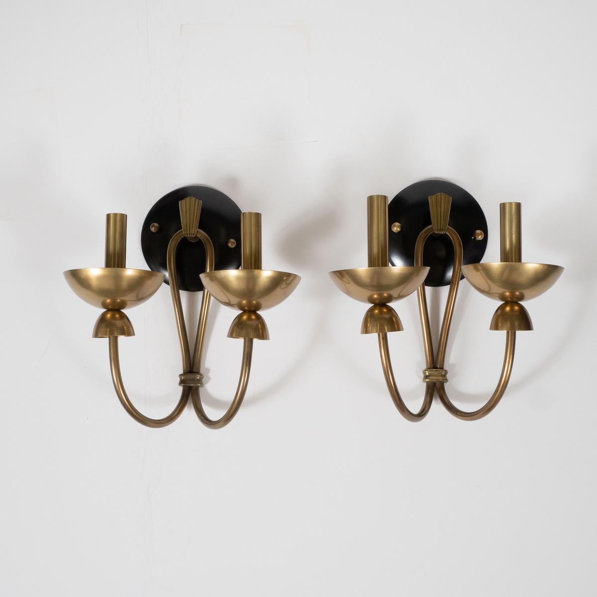 Mid-Century Modern Pair of Two-Arm Brass and Enameled Metal Sconces For Sale