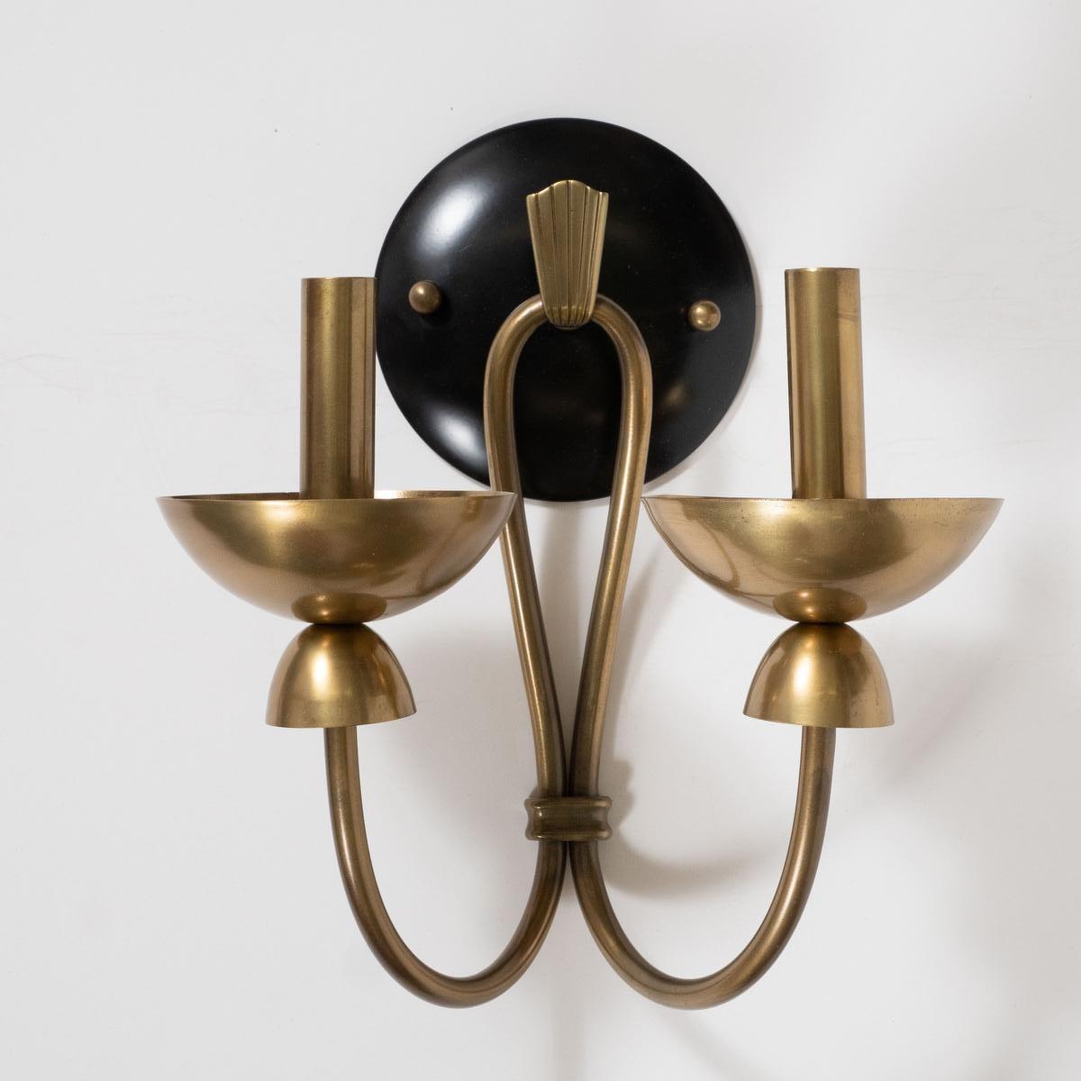 American Pair of Two-Arm Brass and Enameled Metal Sconces For Sale