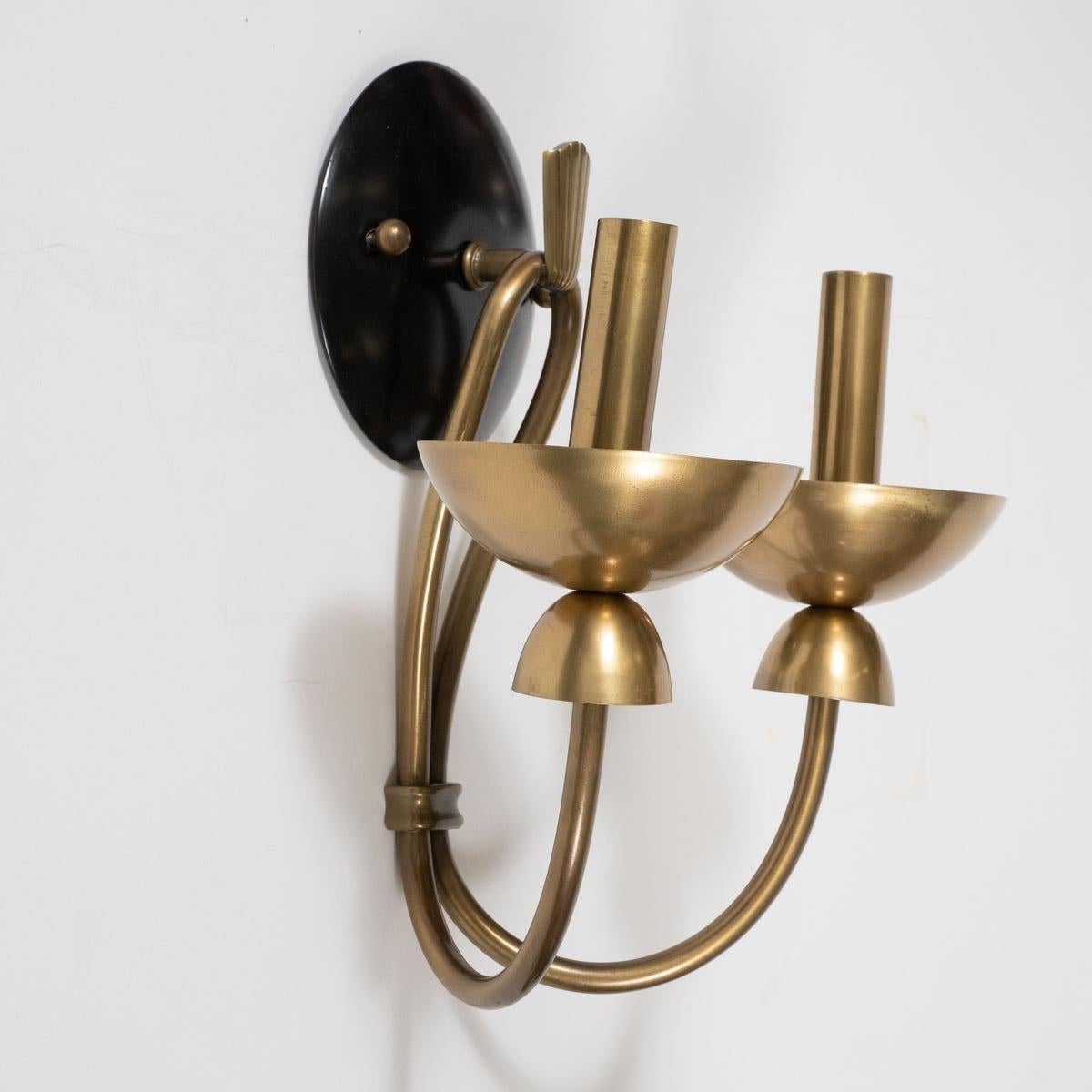 Pair of Two-Arm Brass and Enameled Metal Sconces In Good Condition For Sale In Tarrytown, NY