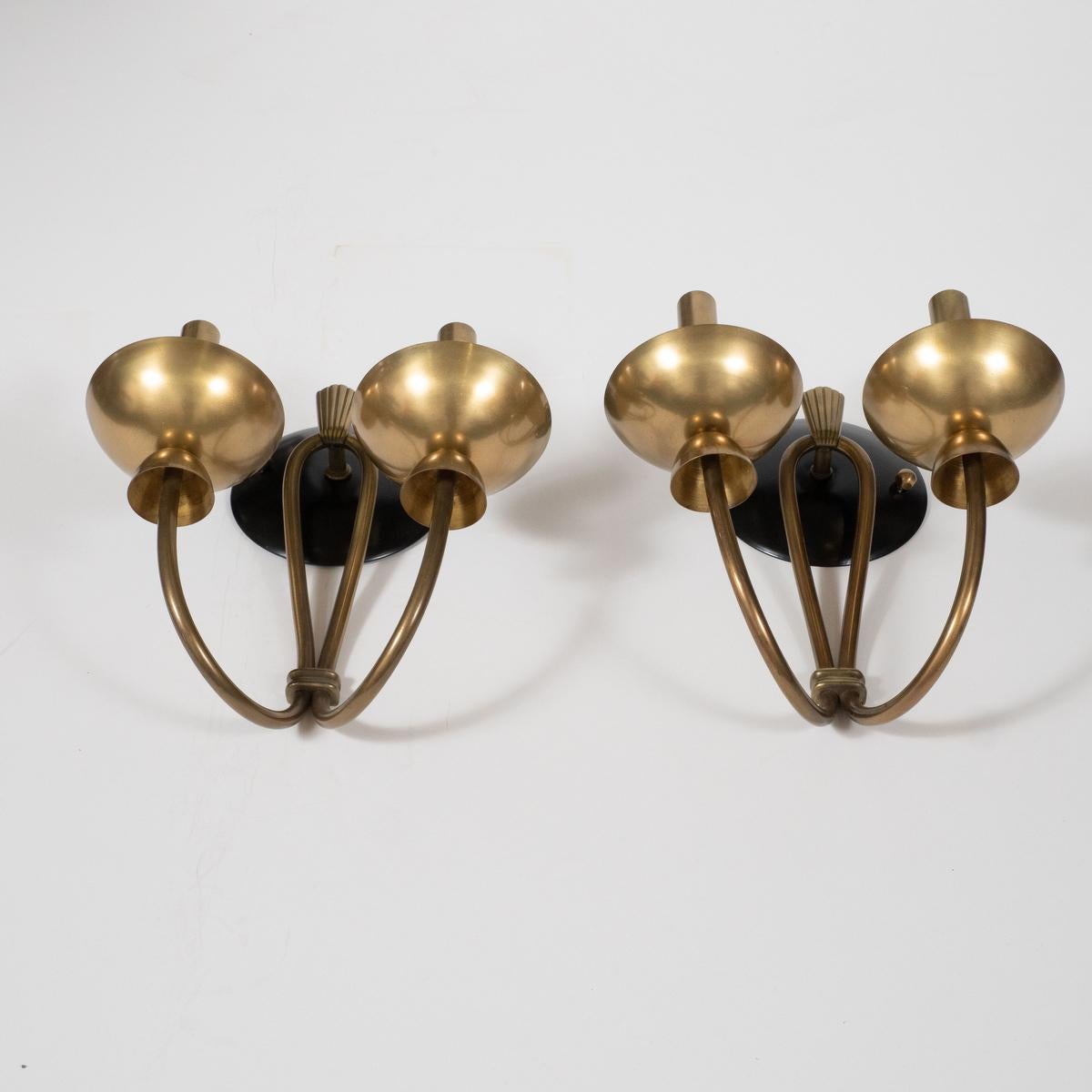 Mid-20th Century Pair of Two-Arm Brass and Enameled Metal Sconces For Sale