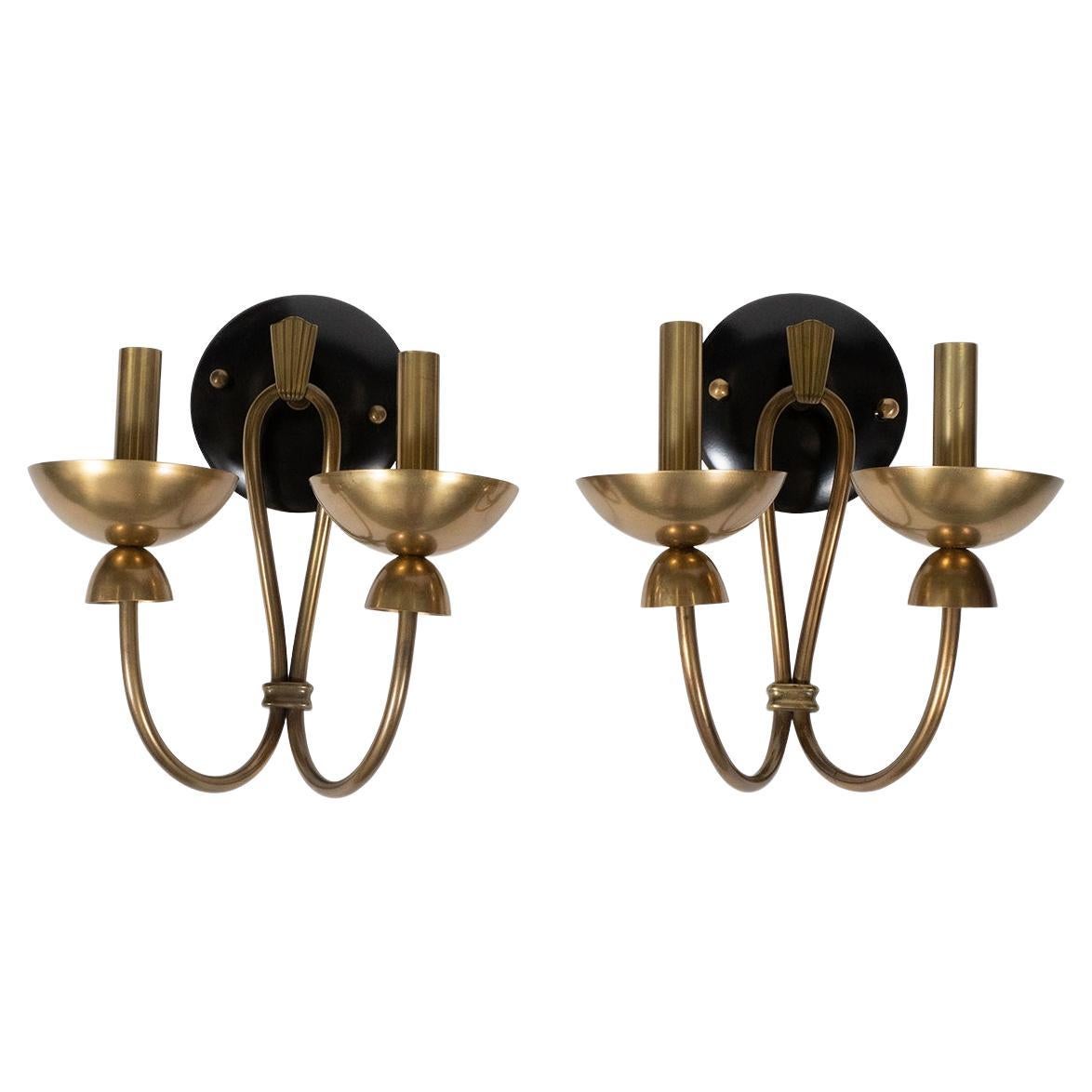 Pair of Two-Arm Brass and Enameled Metal Sconces