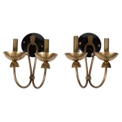 Vintage Pair of Two-Arm Brass and Enameled Metal Sconces