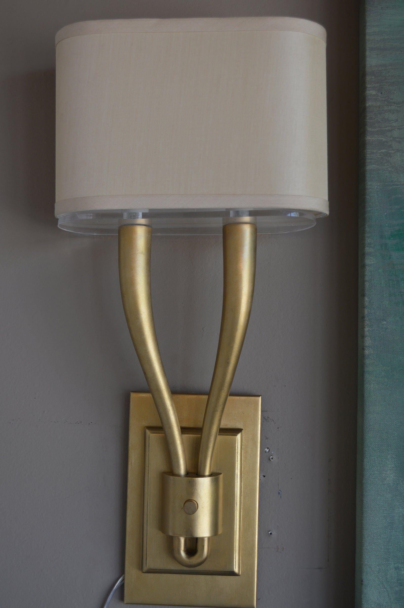 American Pair of Two Arm Brushed Brass Sconces with Shades For Sale