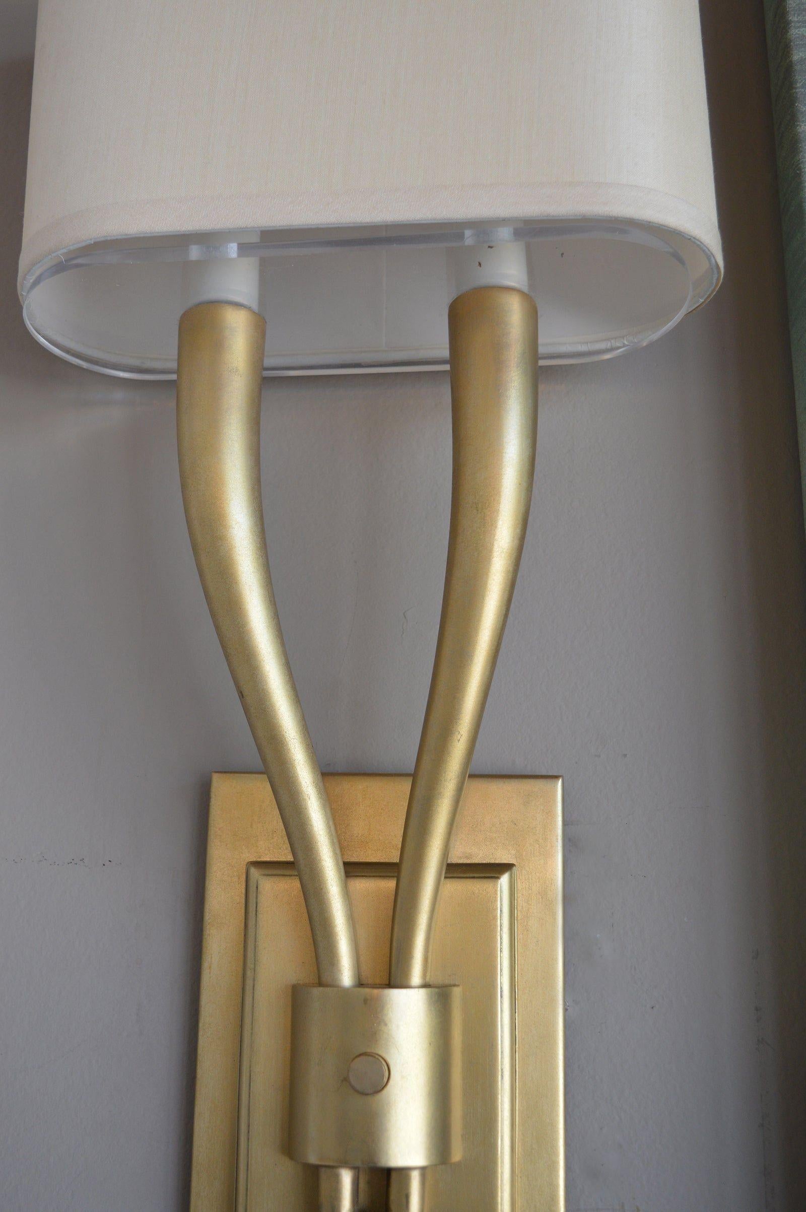 20th Century Pair of Two Arm Brushed Brass Sconces with Shades For Sale