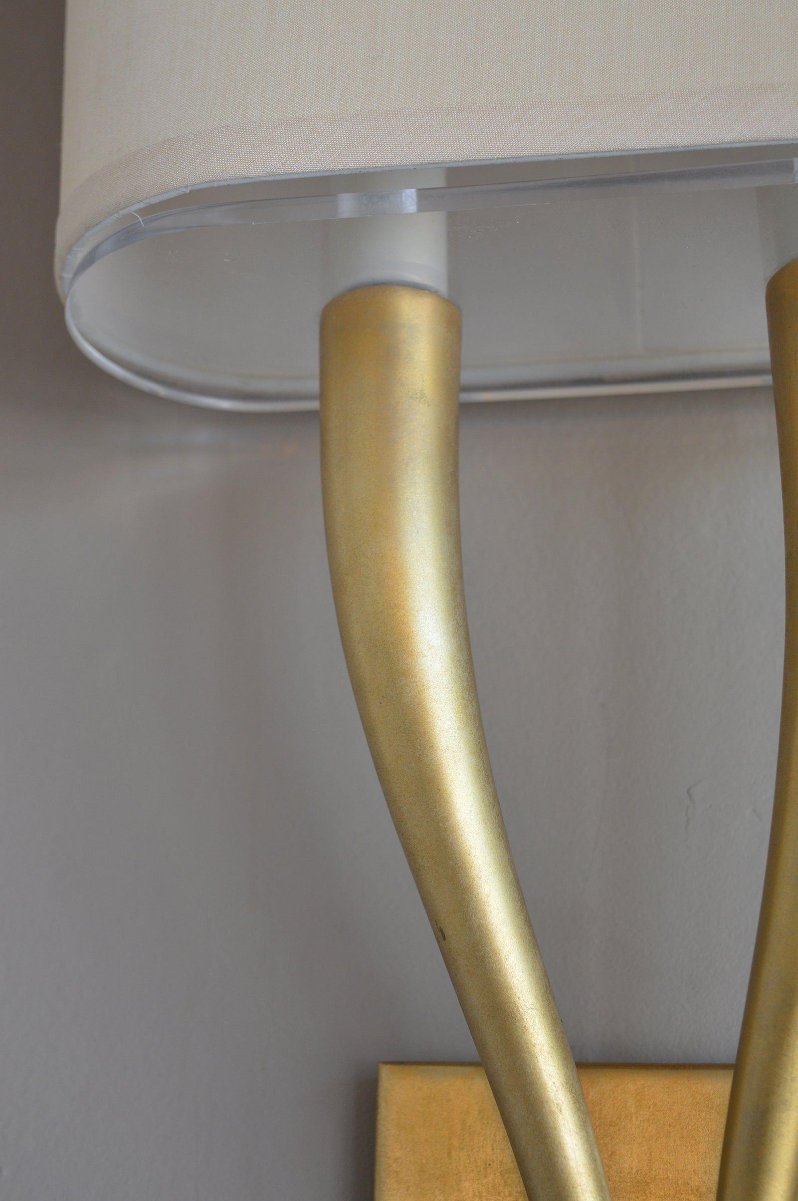 Pair of Two Arm Brushed Brass Sconces with Shades For Sale 1