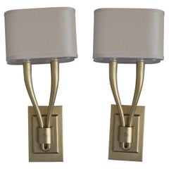 Retro Pair of Two Arm Brushed Brass Sconces with Shades
