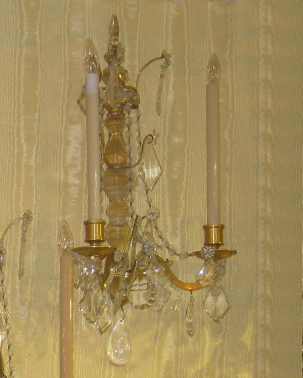 French Pair of Two-Arm Crystal and Bronze Wall Light Sconces Attributed to caldwell