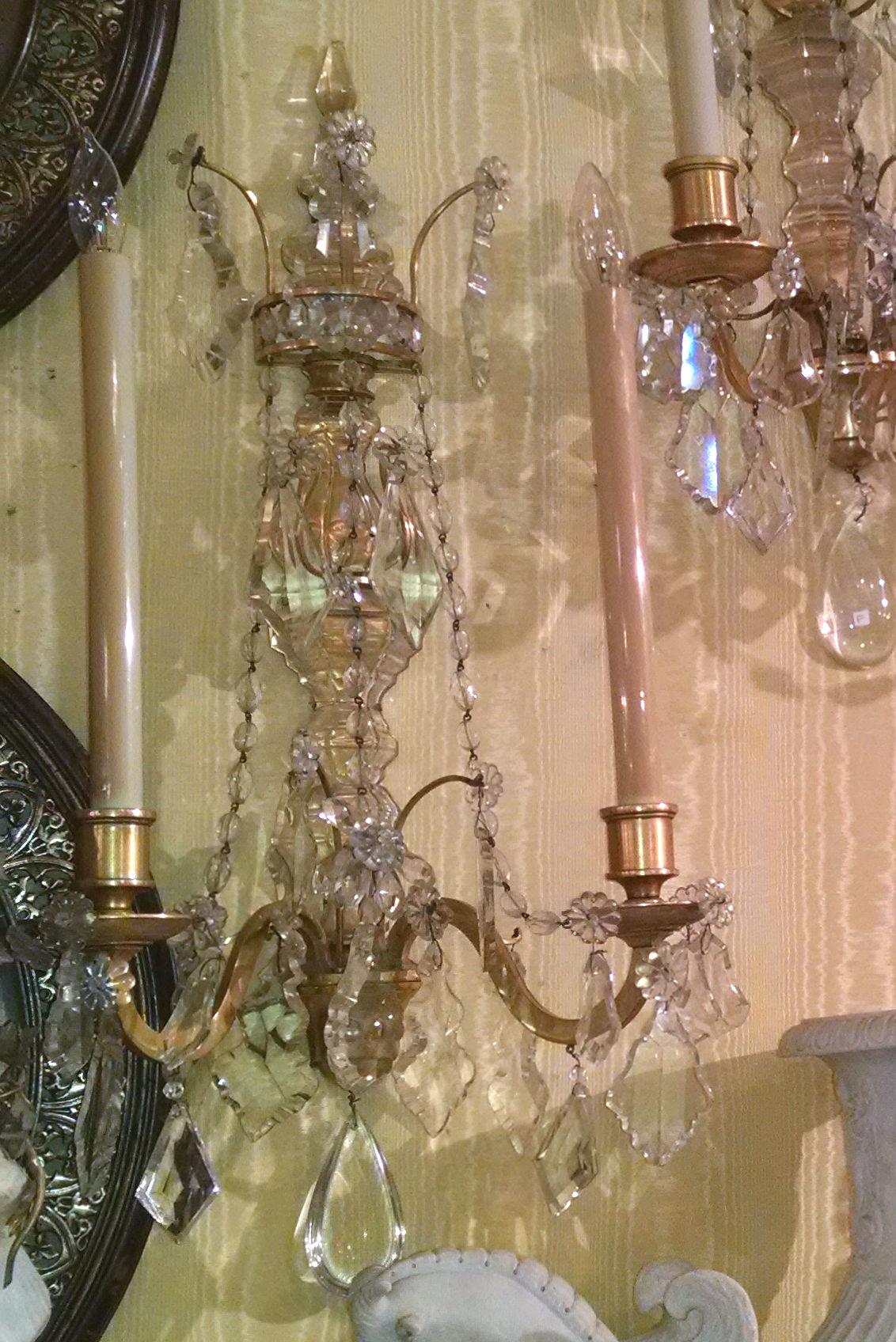 Gilt Pair of Two-Arm Crystal and Bronze Wall Light Sconces Attributed to caldwell