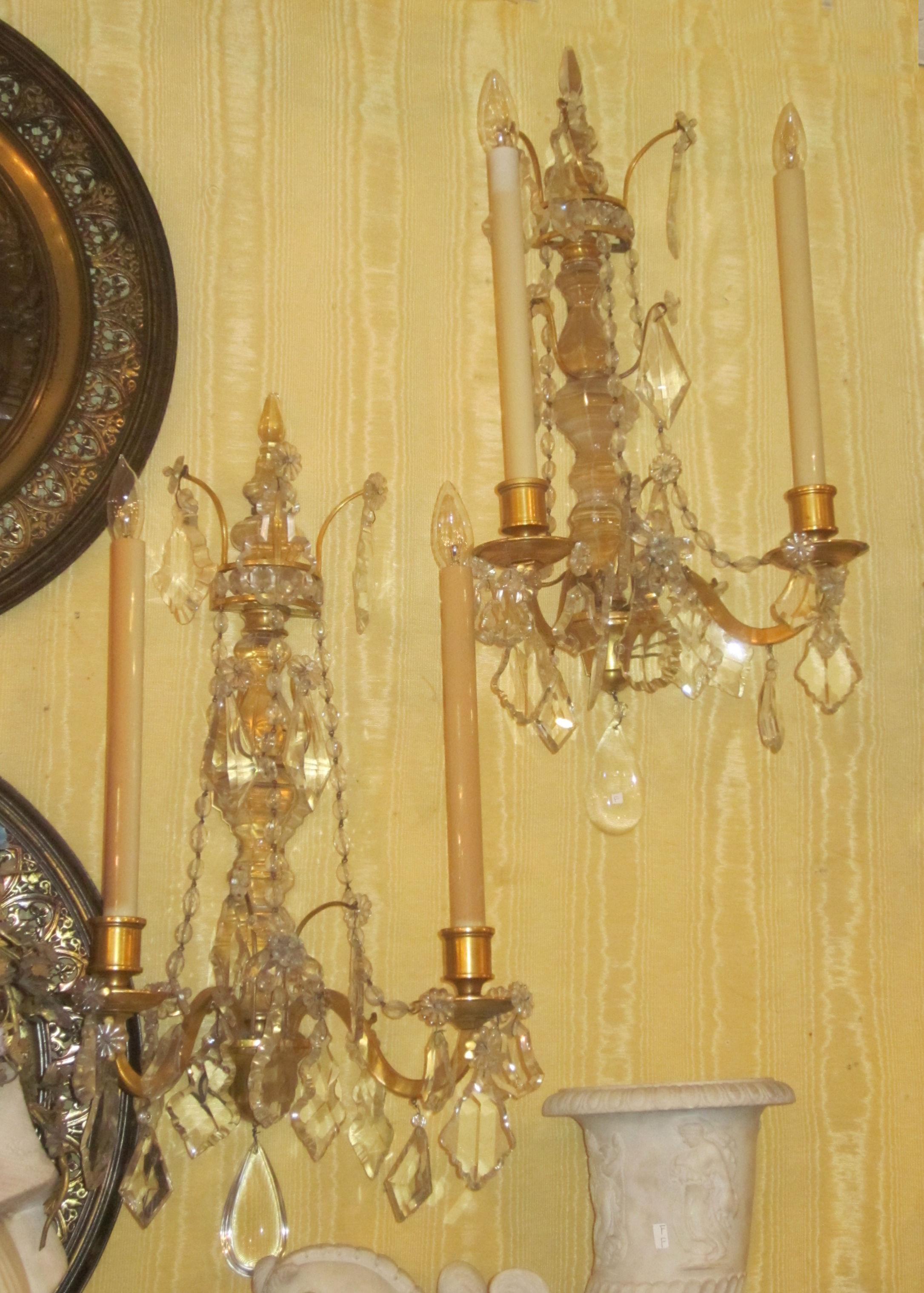 Pair of Two-Arm Crystal and Bronze Wall Light Sconces Attributed to caldwell In Good Condition In New York, NY