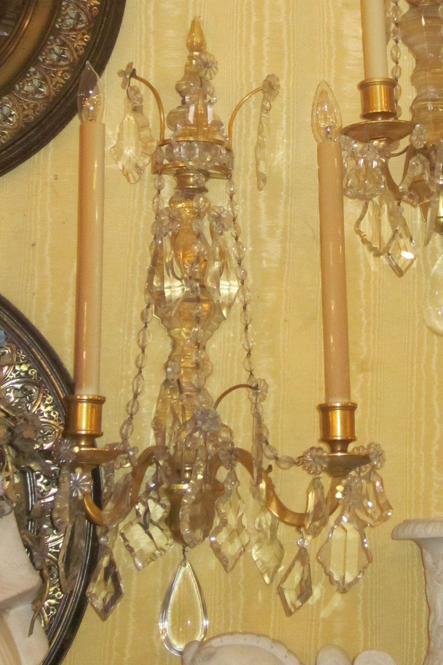20th Century Pair of Two-Arm Crystal and Bronze Wall Light Sconces Attributed to caldwell
