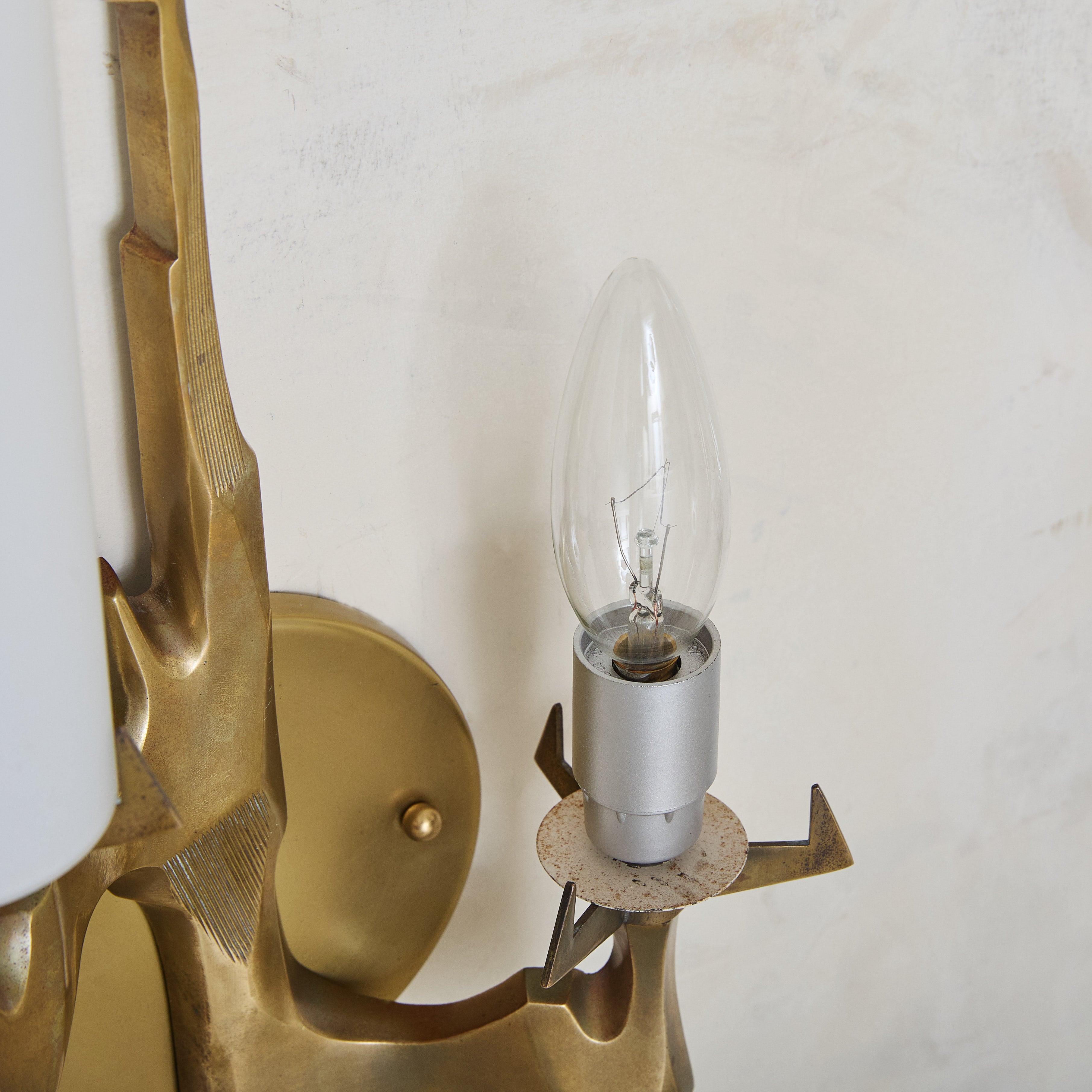 Pair of Two-Arm Gilt Bronze + Opaline Glass Sconces by Maison Arlus, France For Sale 4