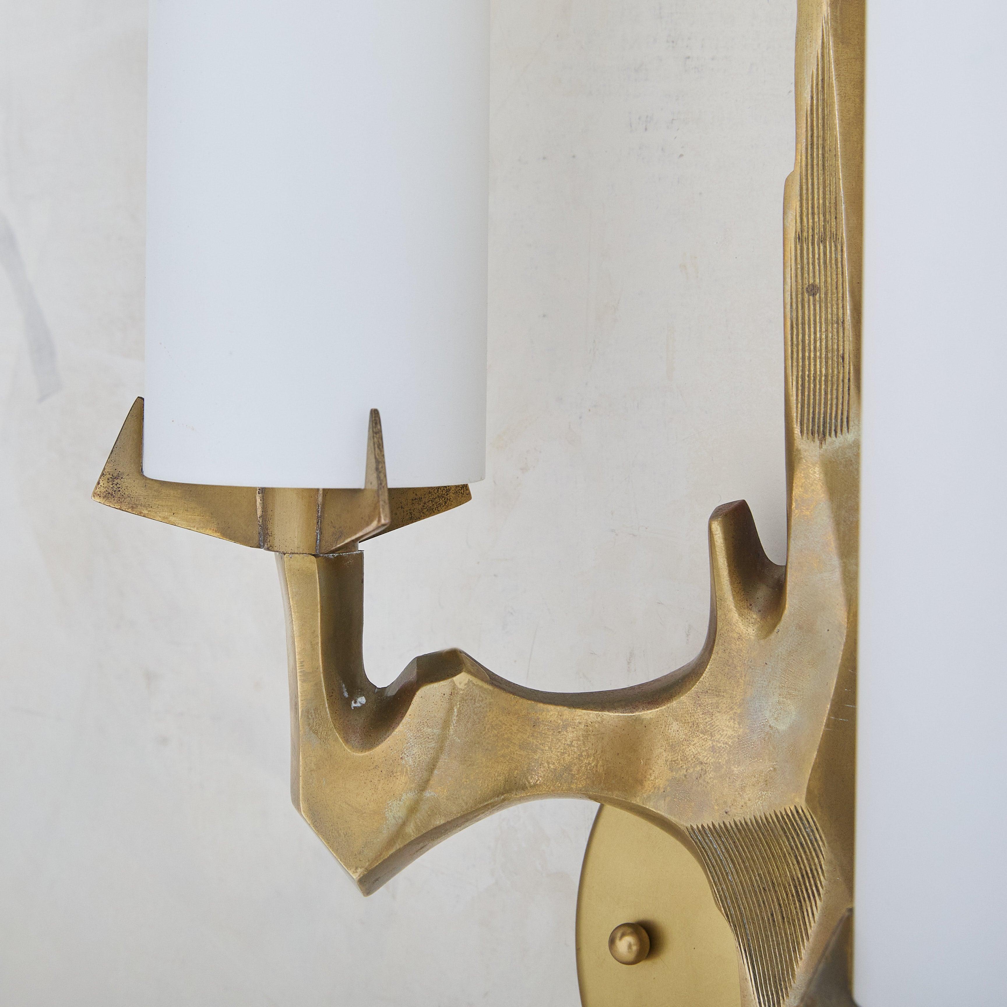 Pair of Two-Arm Gilt Bronze + Opaline Glass Sconces by Maison Arlus, France For Sale 5