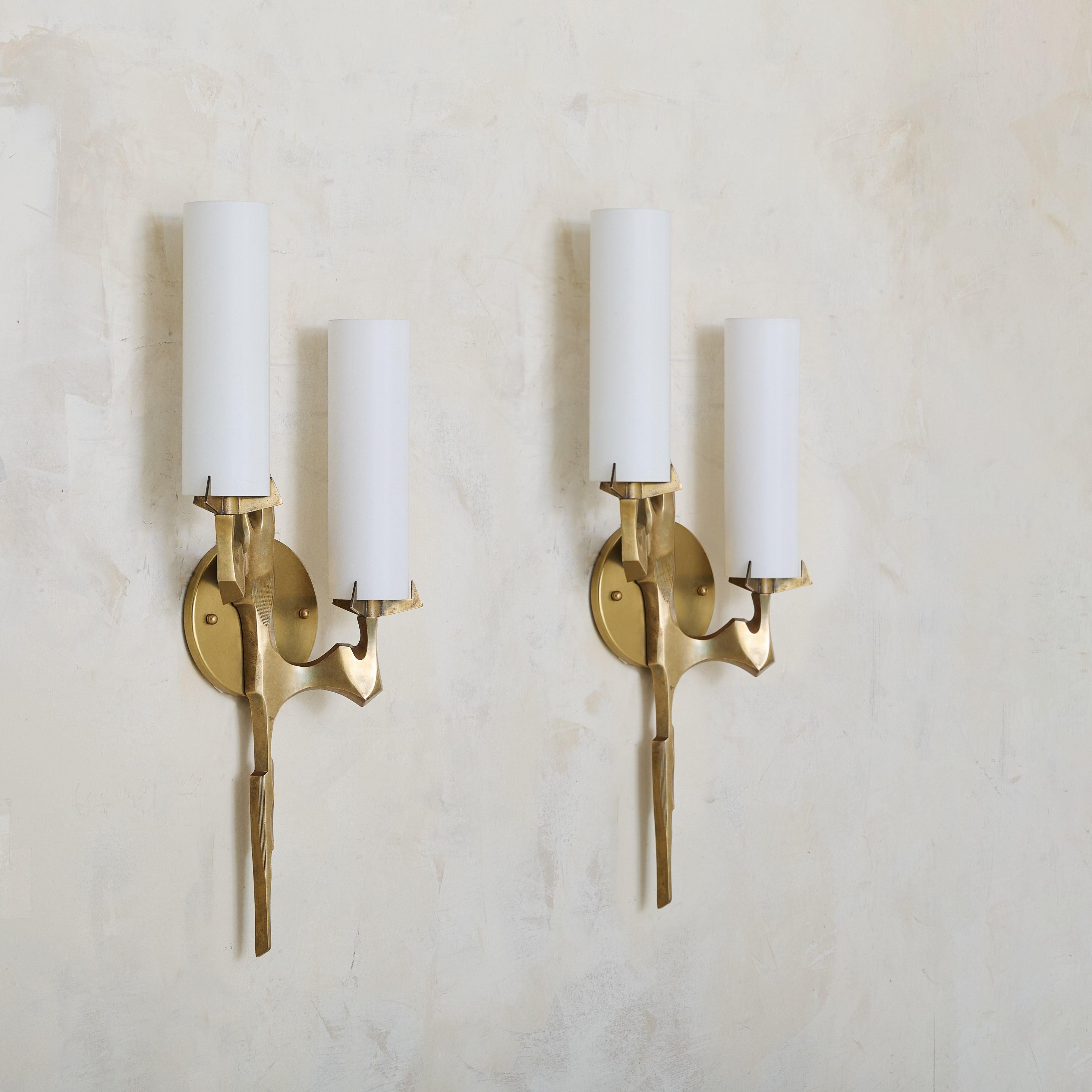 Modern Pair of Two-Arm Gilt Bronze + Opaline Glass Sconces by Maison Arlus, France For Sale