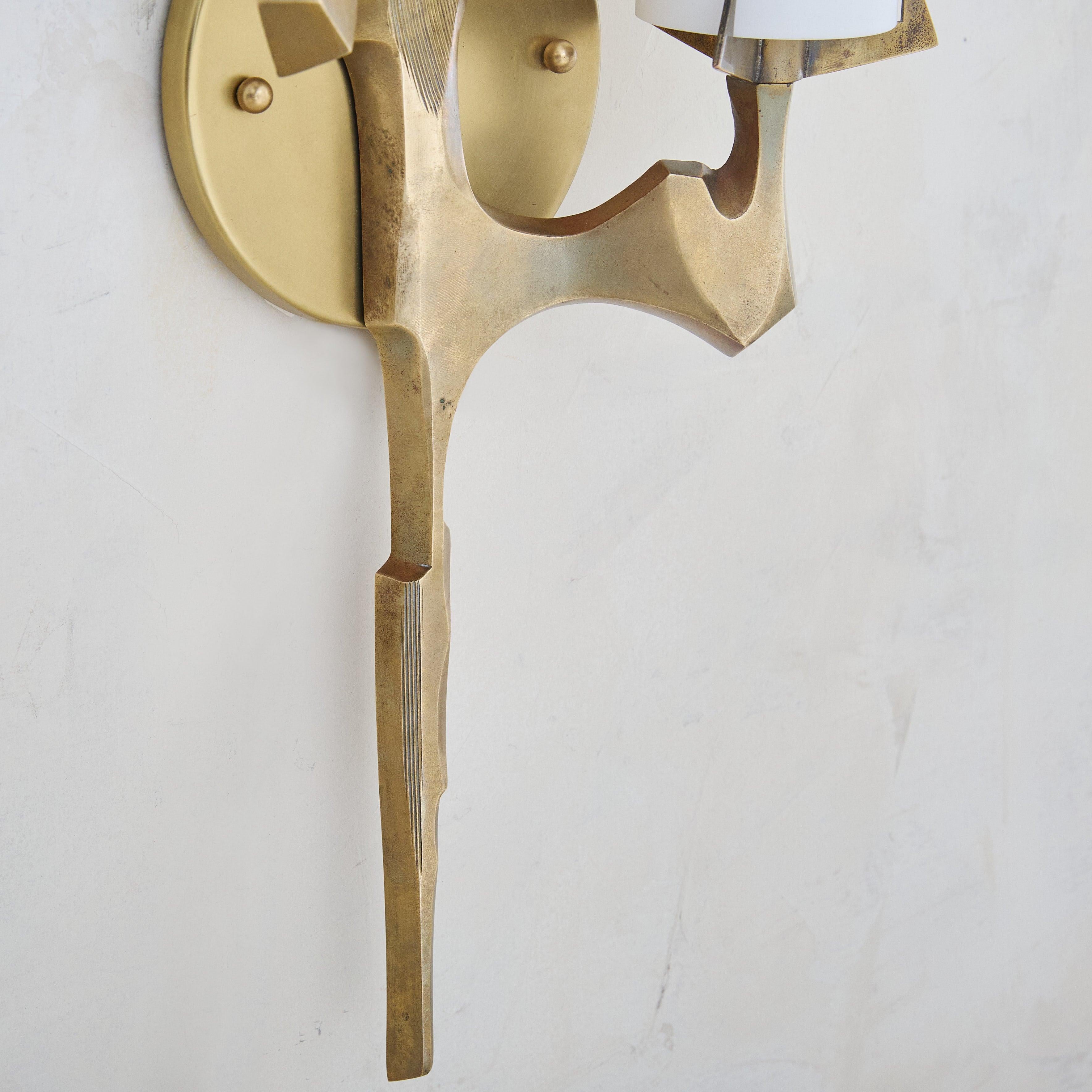 French Pair of Two-Arm Gilt Bronze + Opaline Glass Sconces by Maison Arlus, France For Sale