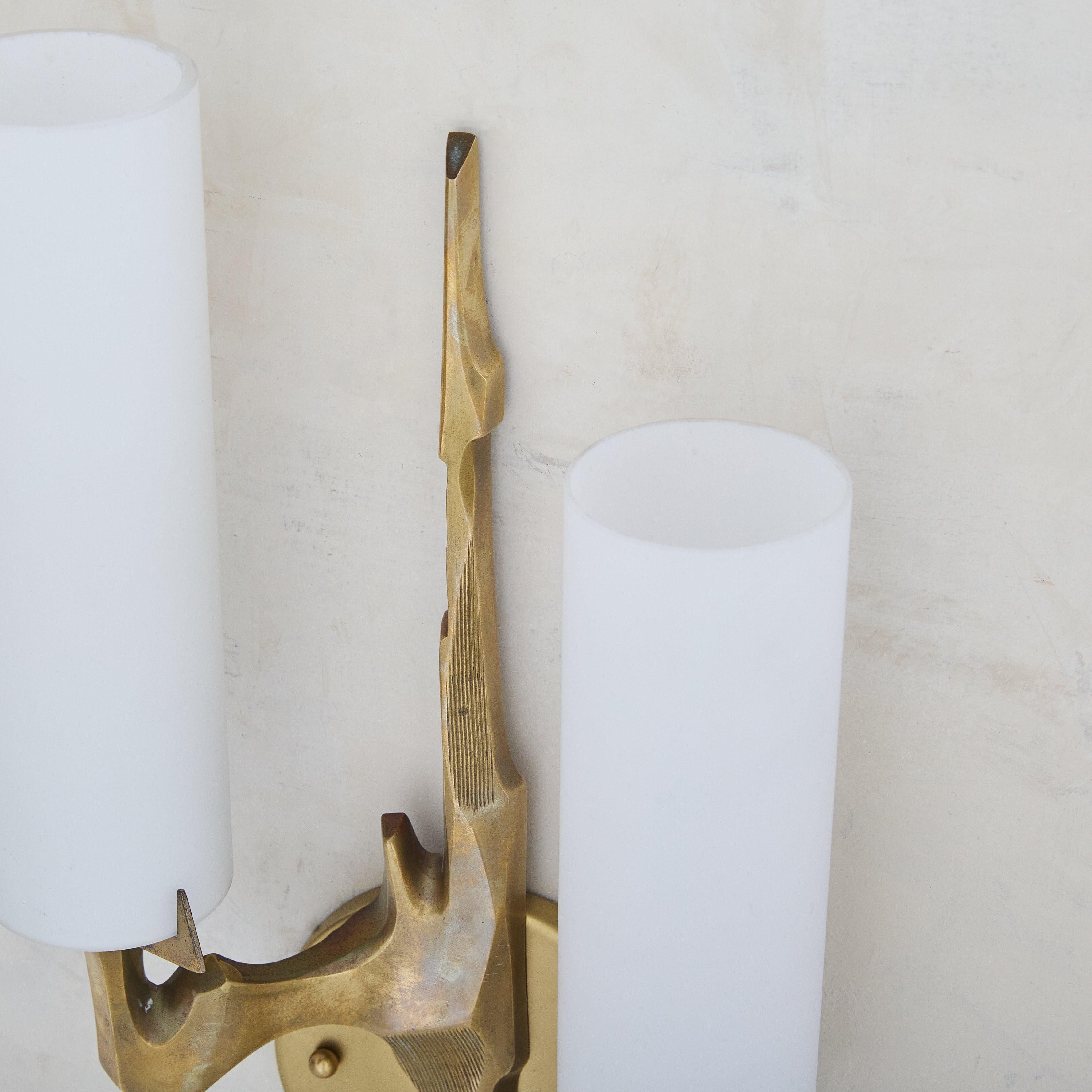 Pair of Two-Arm Gilt Bronze + Opaline Glass Sconces by Maison Arlus, France In Excellent Condition For Sale In Chicago, IL