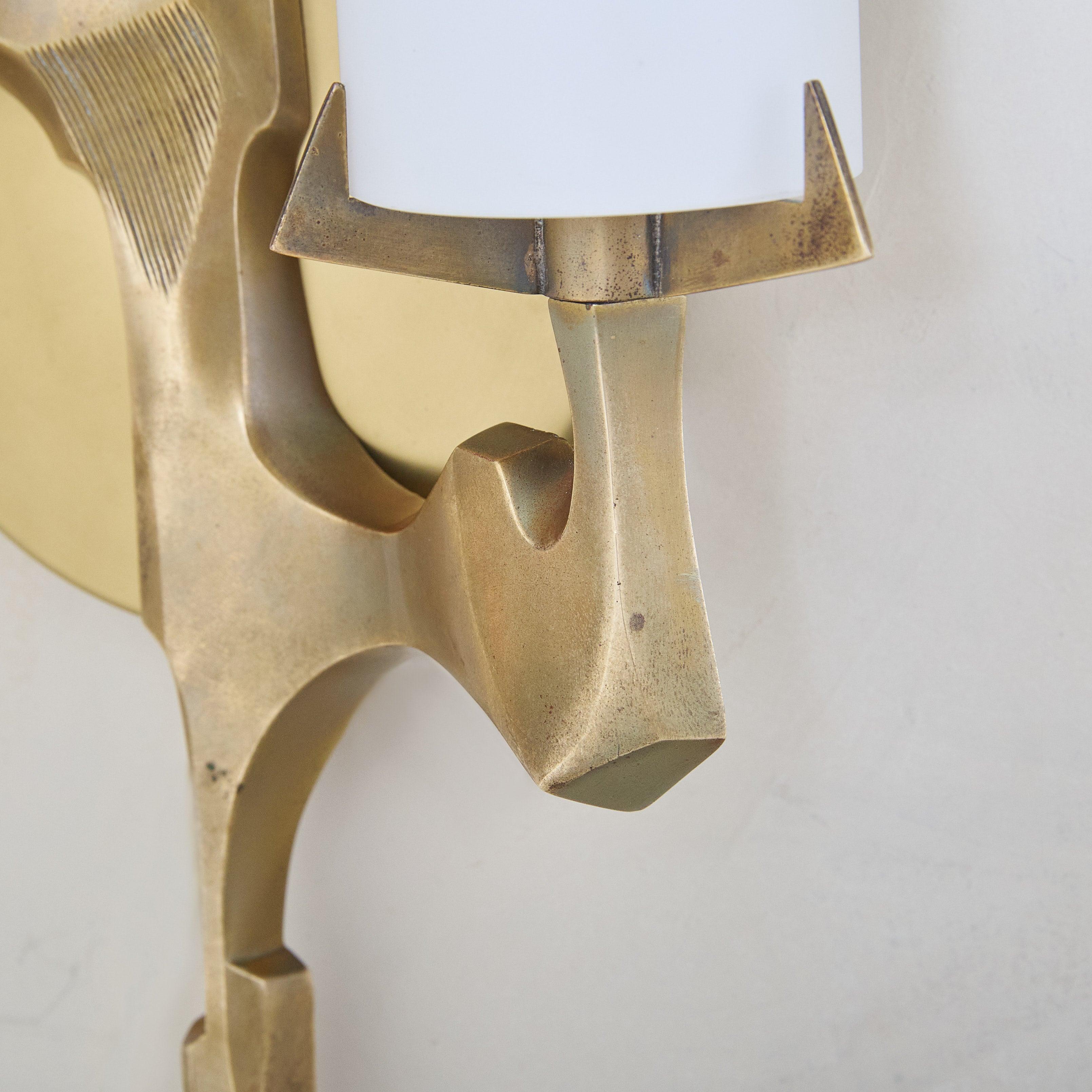 Mid-20th Century Pair of Two-Arm Gilt Bronze + Opaline Glass Sconces by Maison Arlus, France For Sale
