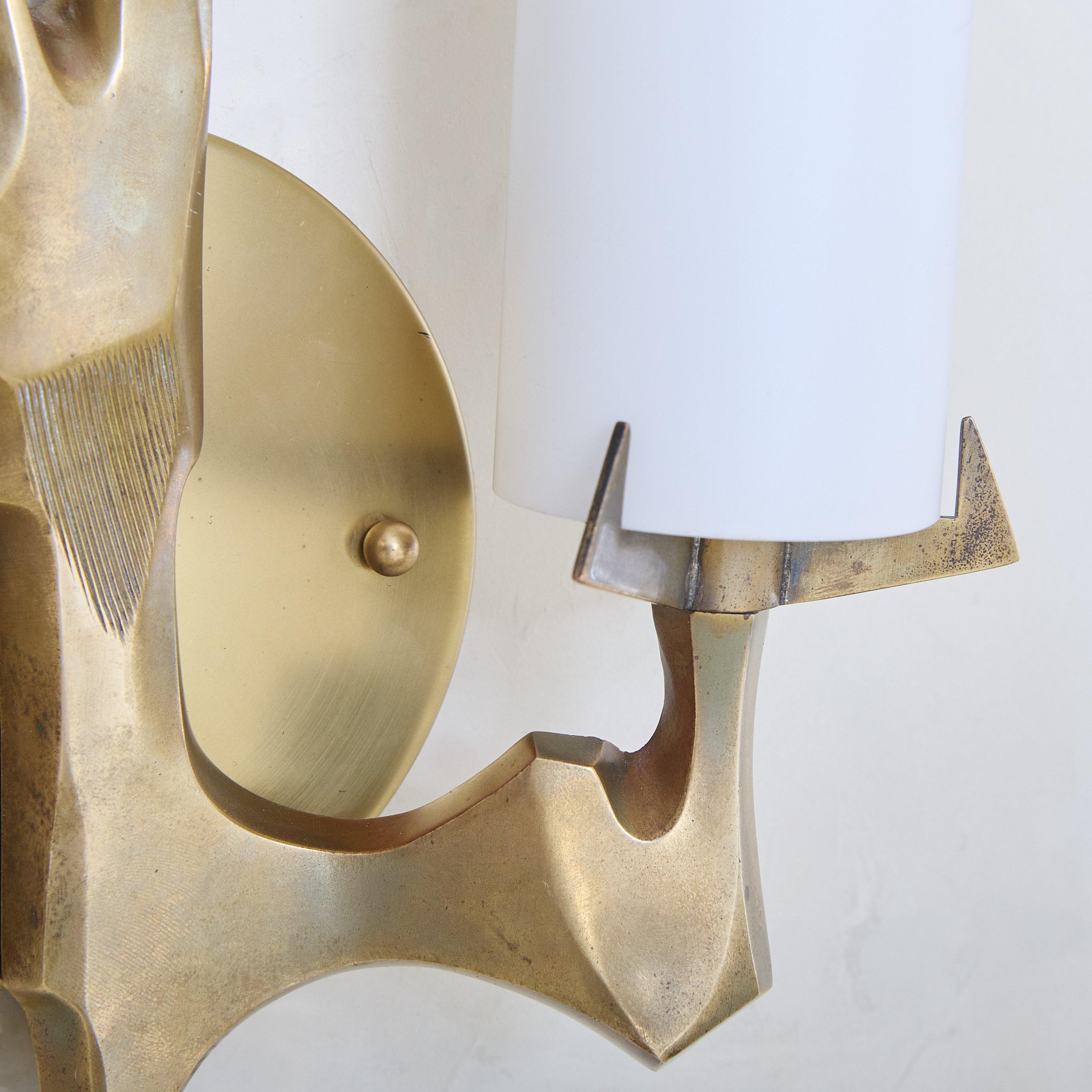 Pair of Two-Arm Gilt Bronze + Opaline Glass Sconces by Maison Arlus, France For Sale 1