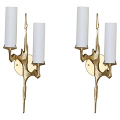 Pair of Two-Arm Gilt Bronze + Opaline Glass Sconces by Maison Arlus, France